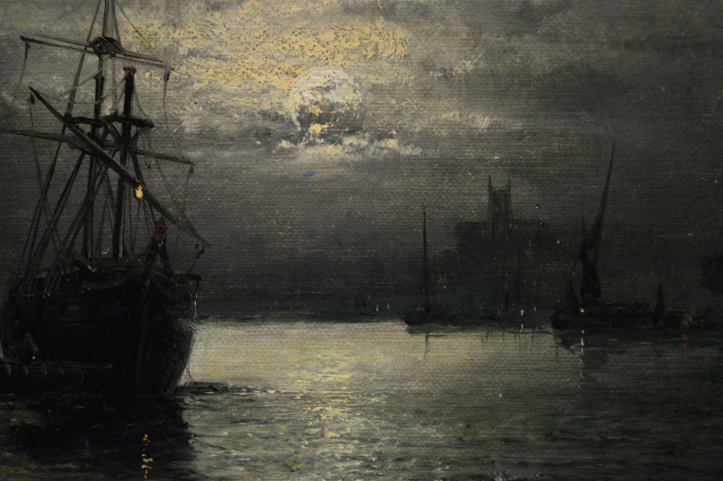 Óleo marino del siglo XIX de barcos a la luz de la luna en Rochester - Painting Victoriano de Hubert Thornley
