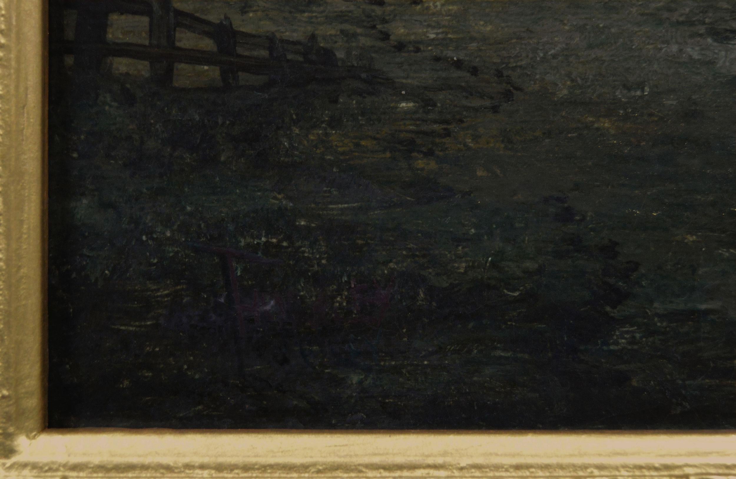 Óleo marino del siglo XIX de barcos a la luz de la luna en Rochester - Landscape Painting Marrón de Hubert Thornley