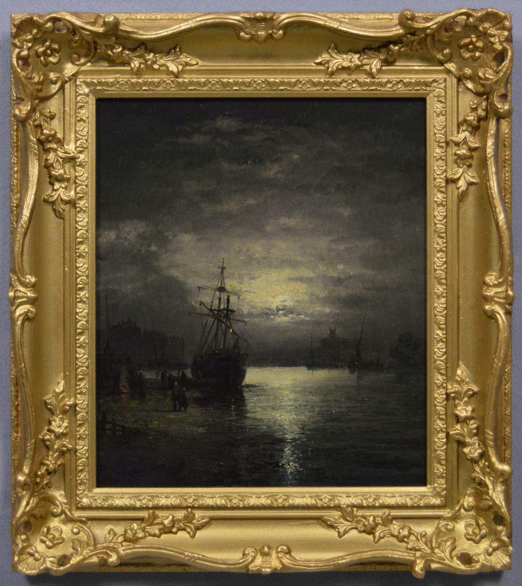 Landscape Painting de Hubert Thornley - Óleo marino del siglo XIX de barcos a la luz de la luna en Rochester