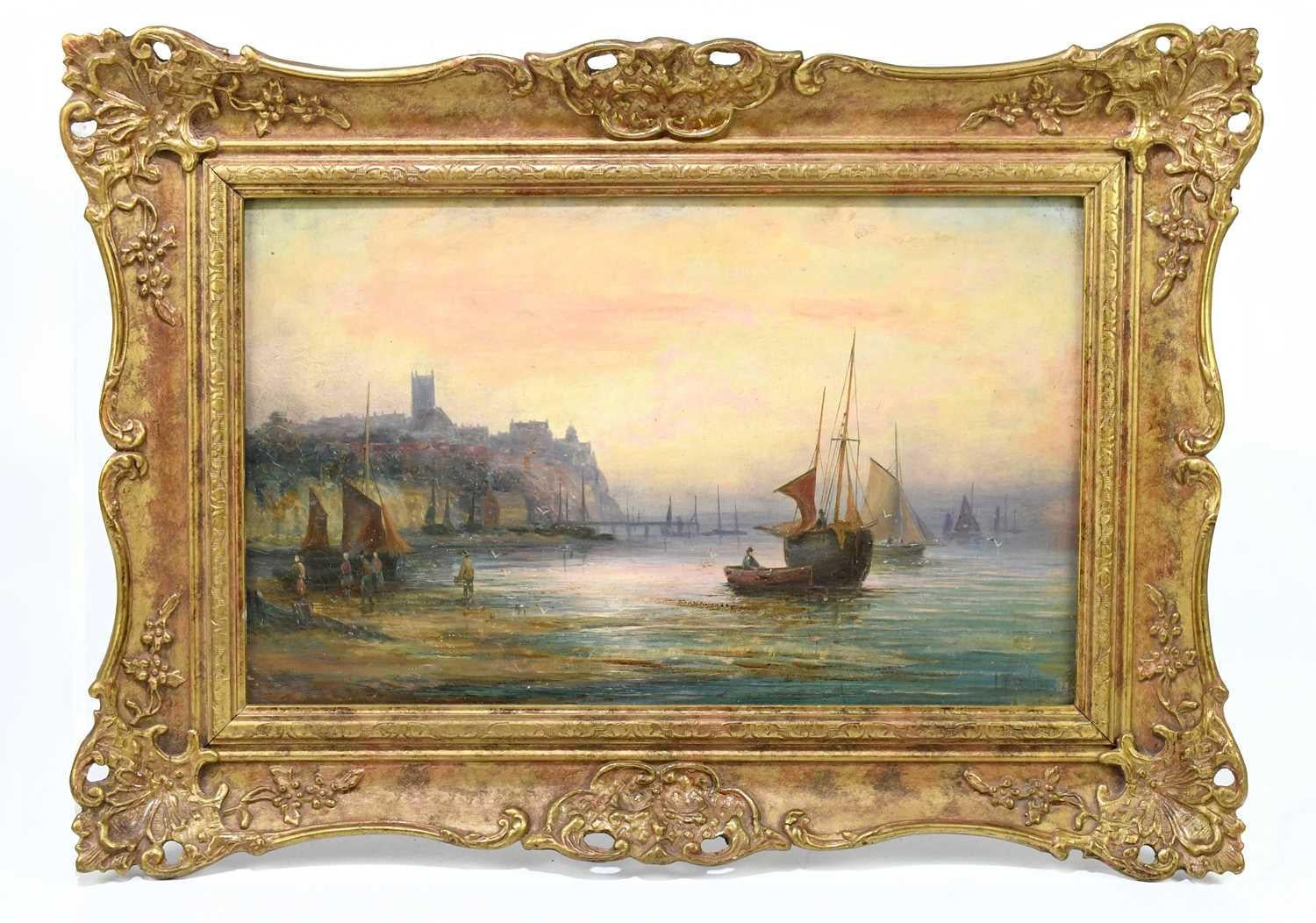 English 19th century Fishing boats by the shore at Sunset - Painting by Hubert Thornley