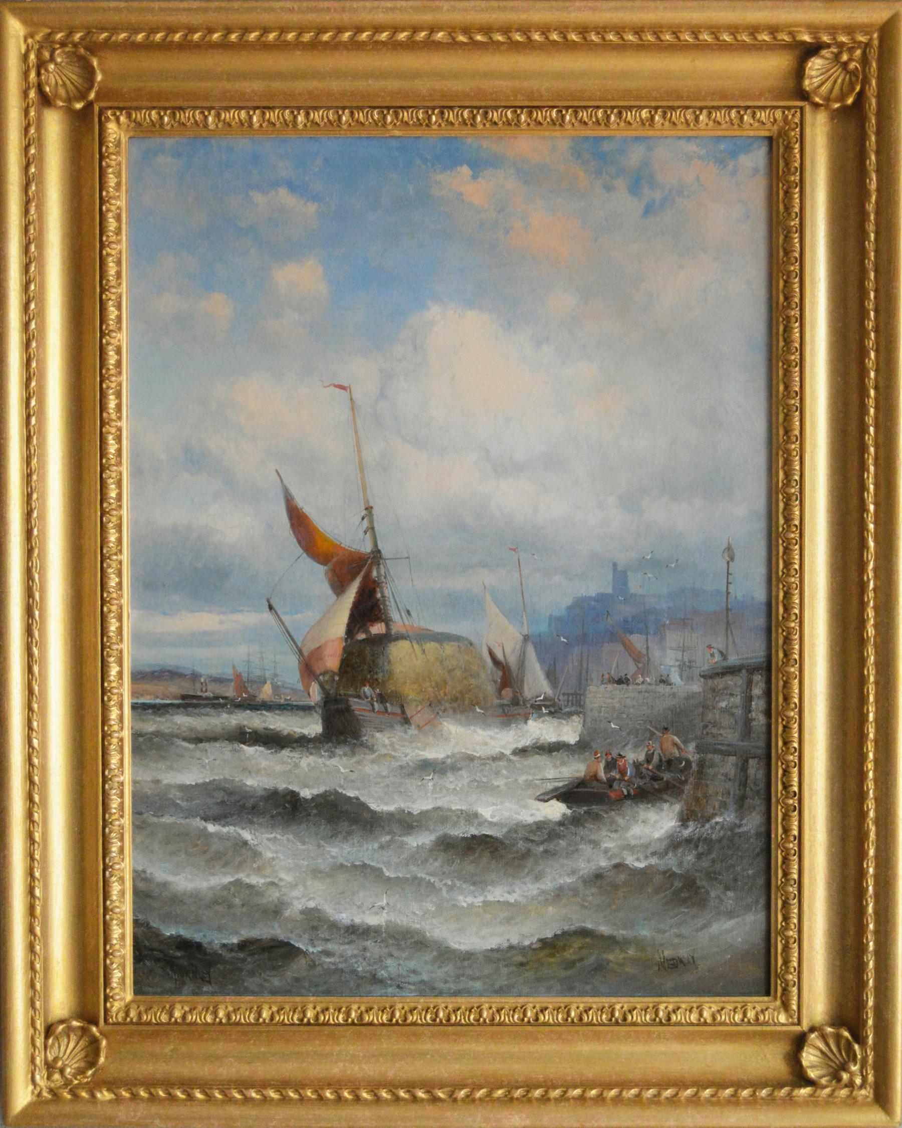 Hubert Thornley Landscape Painting - 19th Century seascape oil painting of a hay barge on the Medway
