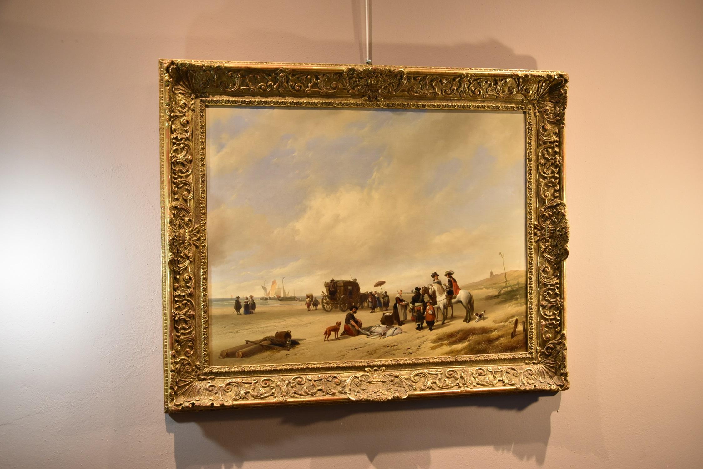 Beach See Water Hubertus Van Hove Signed Paint Oil on table 19th Century Flemish For Sale 7