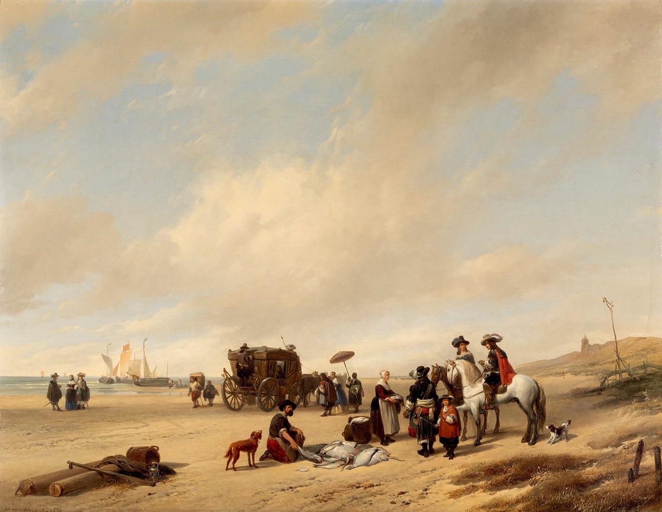 Beach See Water Hubertus Van Hove Signed Paint Oil on table 19th Century Flemish - Painting by Hubertus Van Hove (the Hague, 1814 - Antwerp, 1865)