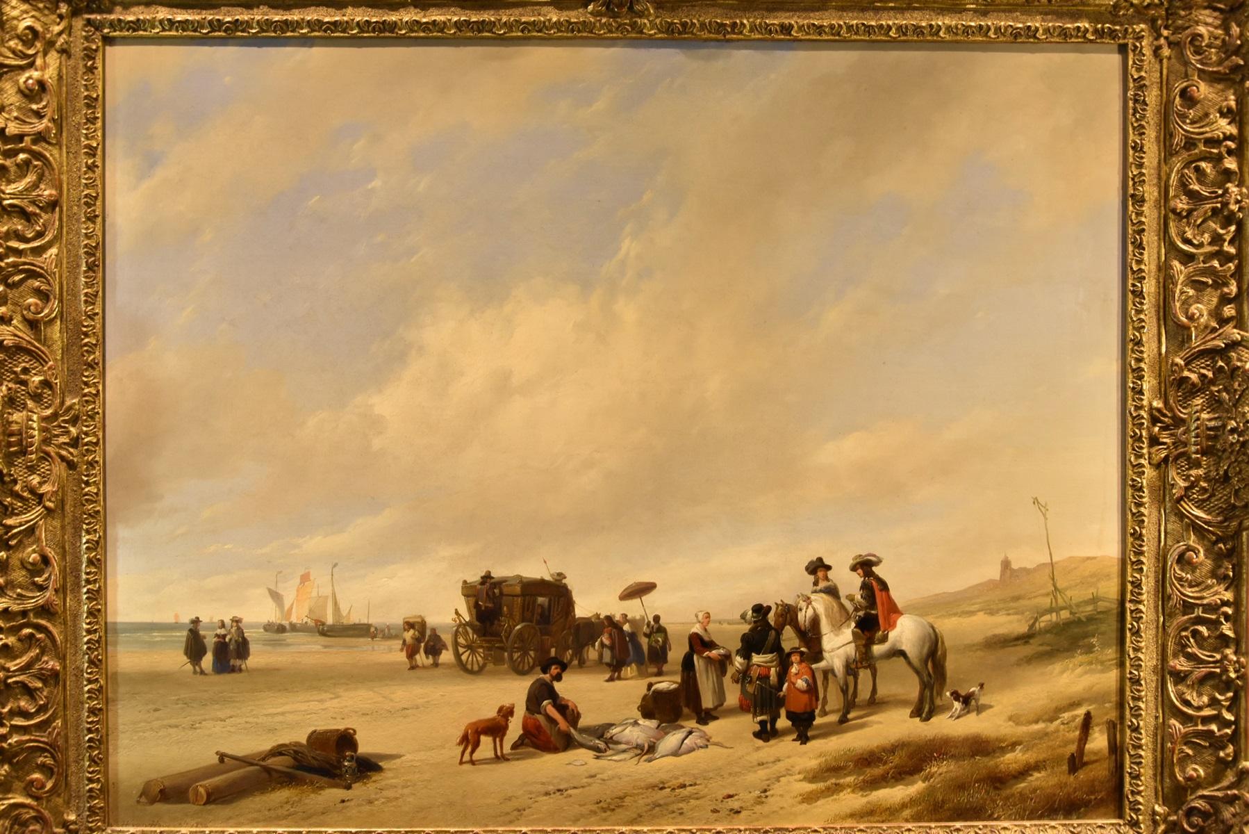 Beach See Water Hubertus Van Hove Signed Paint Oil on table 19th Century Flemish - Impressionist Painting by Hubertus Van Hove (the Hague, 1814 - Antwerp, 1865)