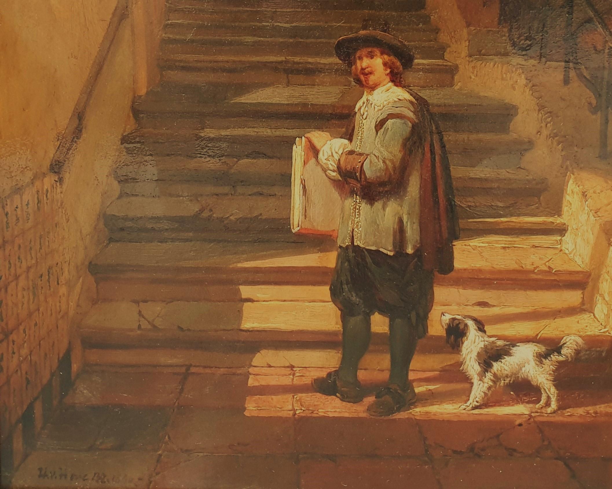 VAN HOVE Pintura de género romántica holandesa XIX Vista interior Artista Rembrandt - Painting de Hubertus Van Hove (the Hague, 1814 - Antwerp, 1865)