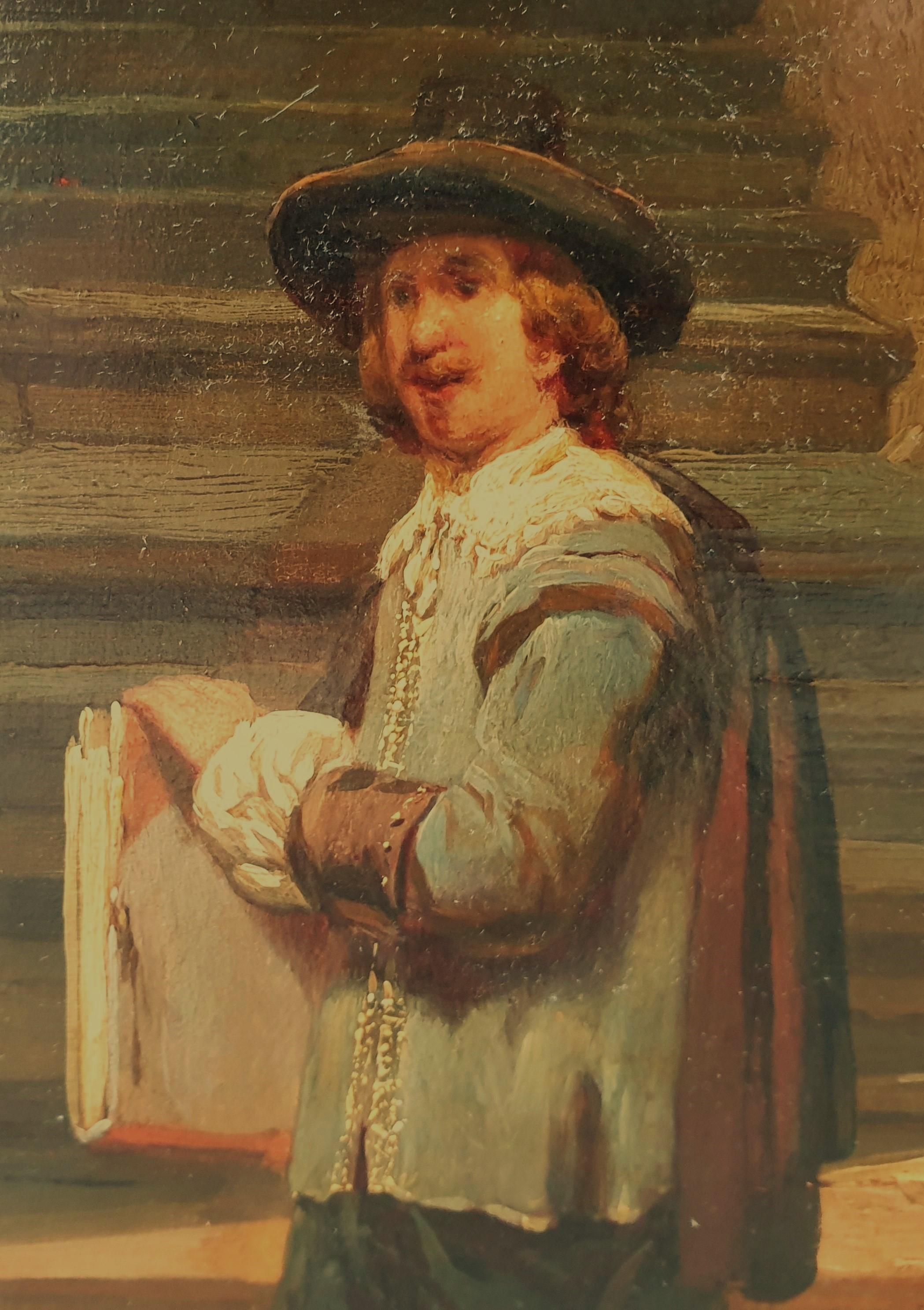 VAN HOVE Pintura de género romántica holandesa XIX Vista interior Artista Rembrandt - Interior Painting Marrón de Hubertus Van Hove (the Hague, 1814 - Antwerp, 1865)