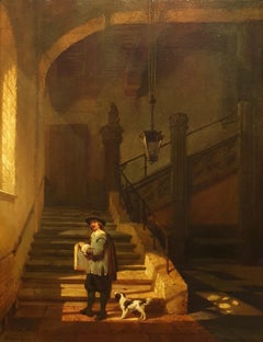 VAN HOVE Peinture de genre romantique néerlandaise 19ème vue d'intérieur, artiste Rembrandt