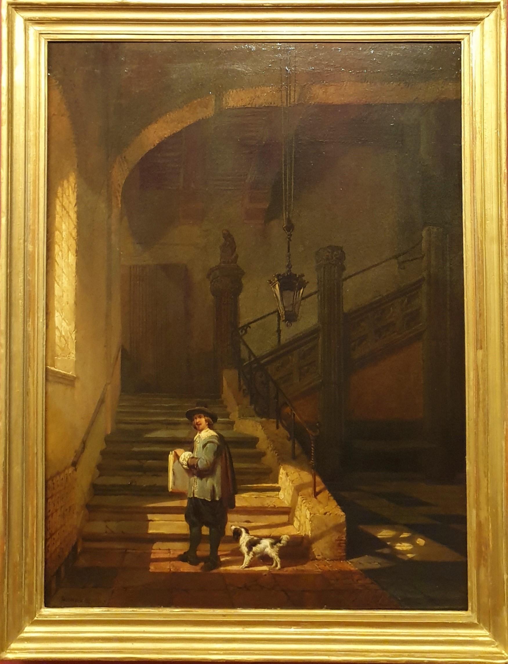 VAN HOVE Pintura de género romántica holandesa XIX Vista interior Artista Rembrandt - Painting Romántico de Hubertus Van Hove (the Hague, 1814 - Antwerp, 1865)