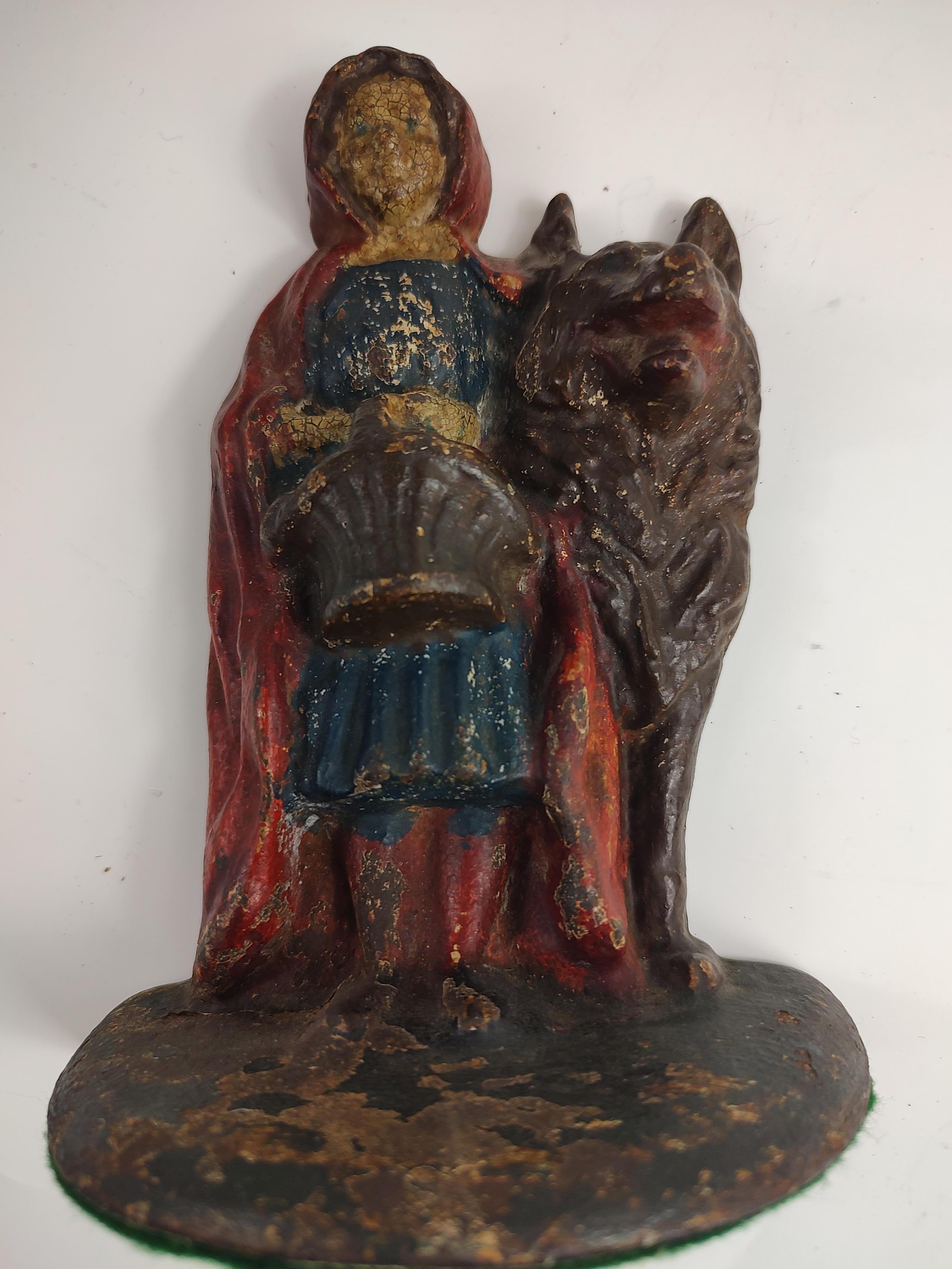Hubley Cast Iron Lil Red Riding Hood & the Wolf Door Stop in Old Original Paint 1