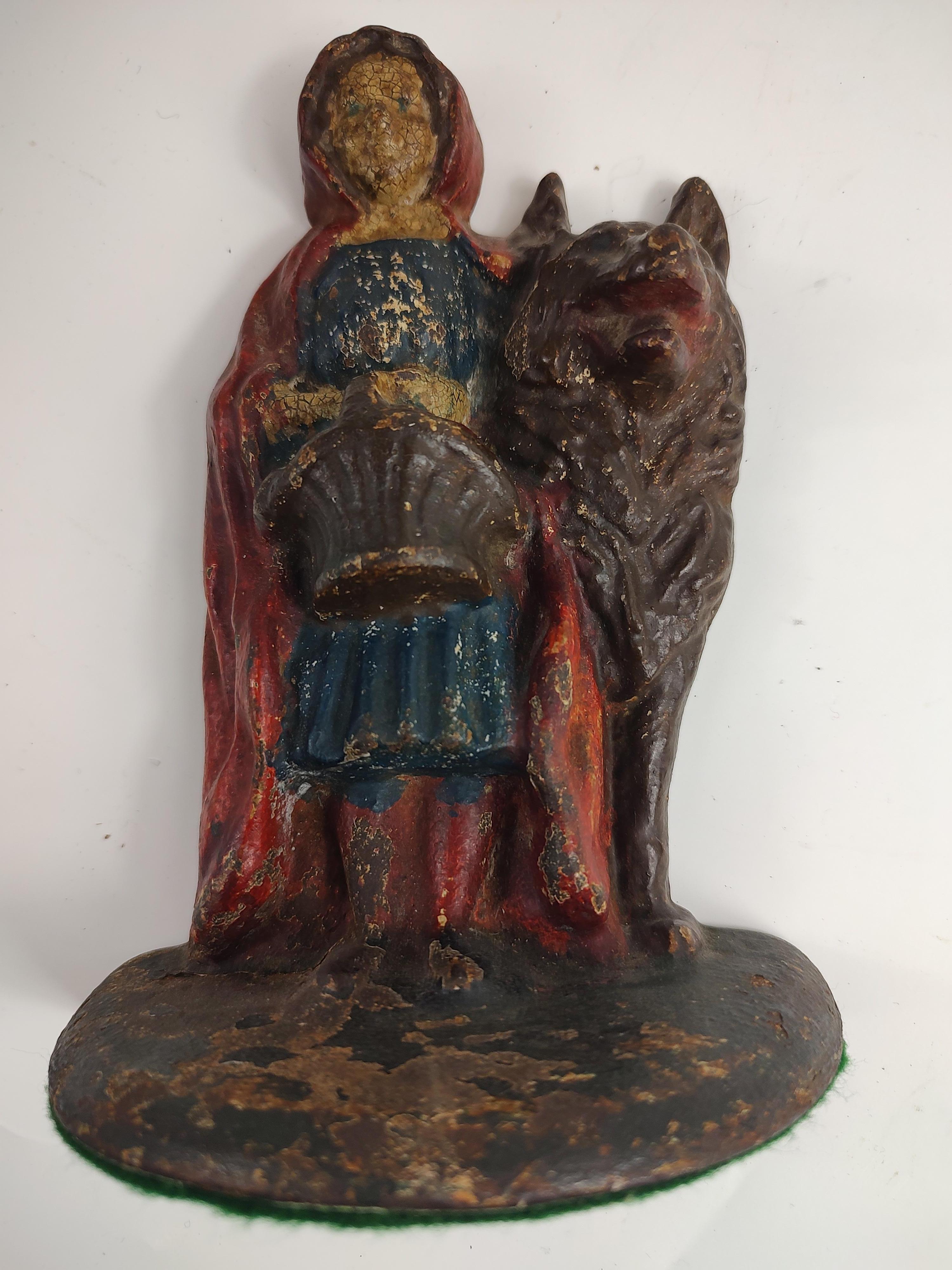 Mid-20th Century Hubley Cast Iron Lil Red Riding Hood & the Wolf Door Stop in Old Original Paint