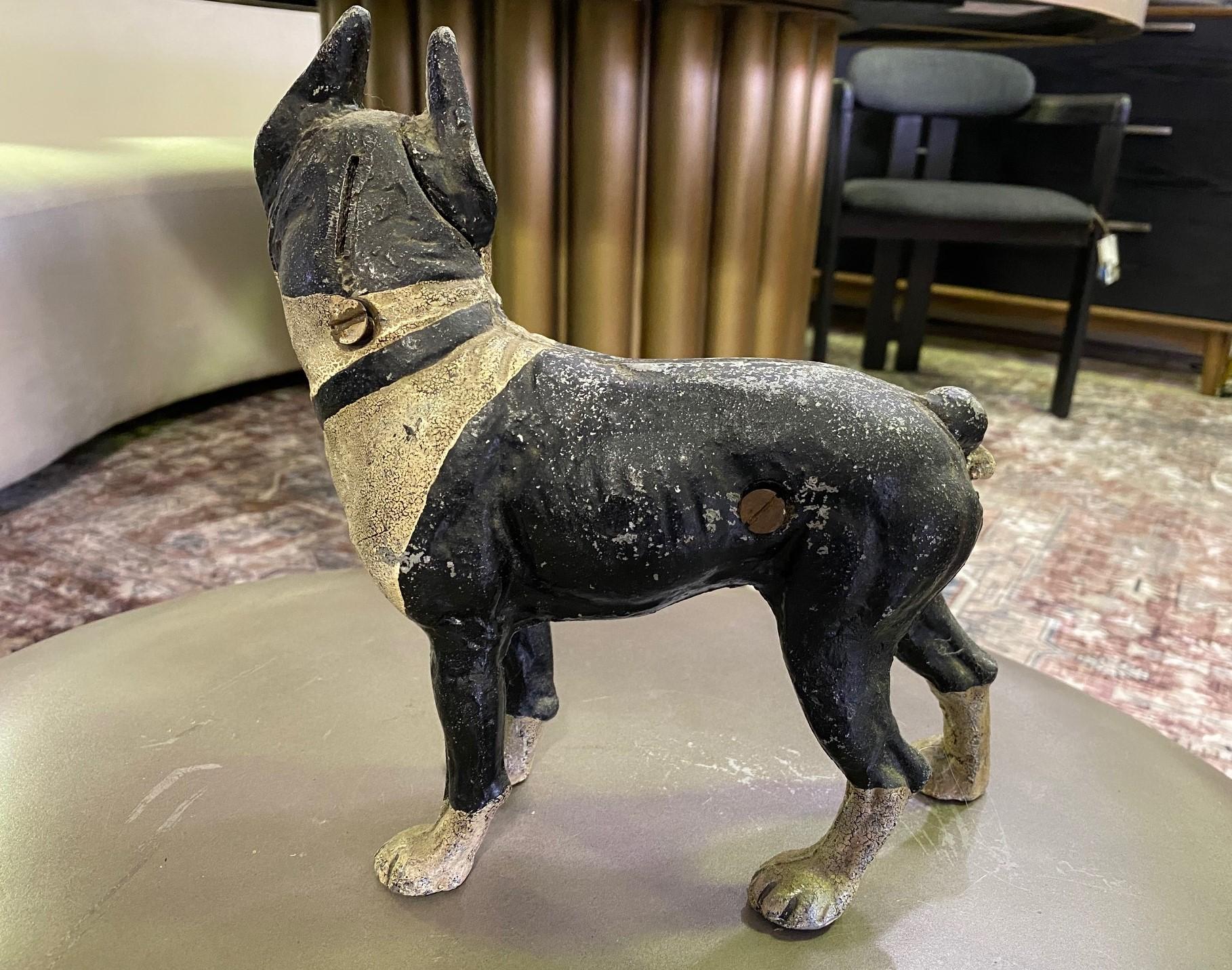 Industrial Hubley Cast Iron Painted Boston Terrier Dog Antique Bank Doorstop, Early 1900s