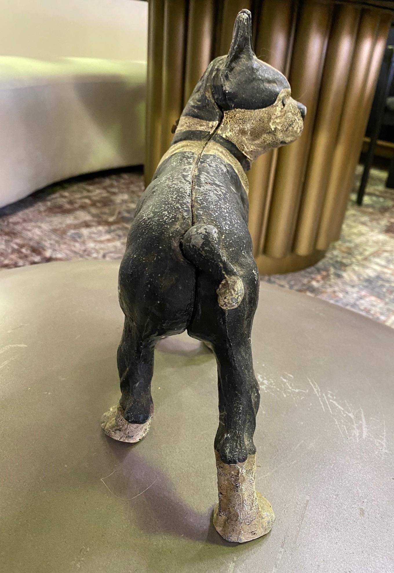American Hubley Cast Iron Painted Boston Terrier Dog Antique Bank Doorstop, Early 1900s