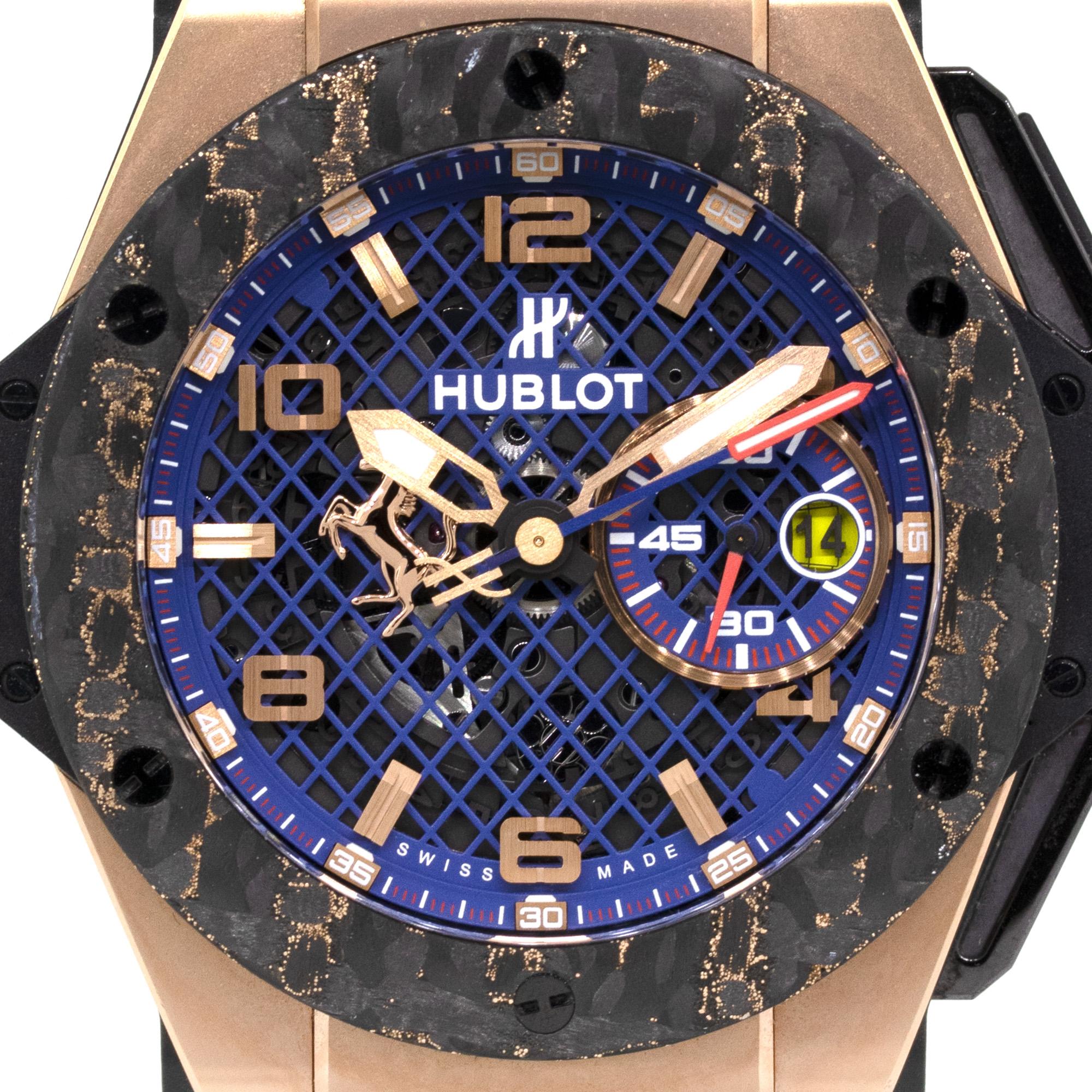 Brand: Hublot
Production number: 14/15
Case Material: 18k Rose Gold
Case Diameter: 45mm
Crystal: Sapphire crystal (scratch resistant)
Bezel: Carbon Fiber with 18k Red Gold
Dial: Blue
Bracelet: Factory Red and White and Blue Leather 
Band Size: Will