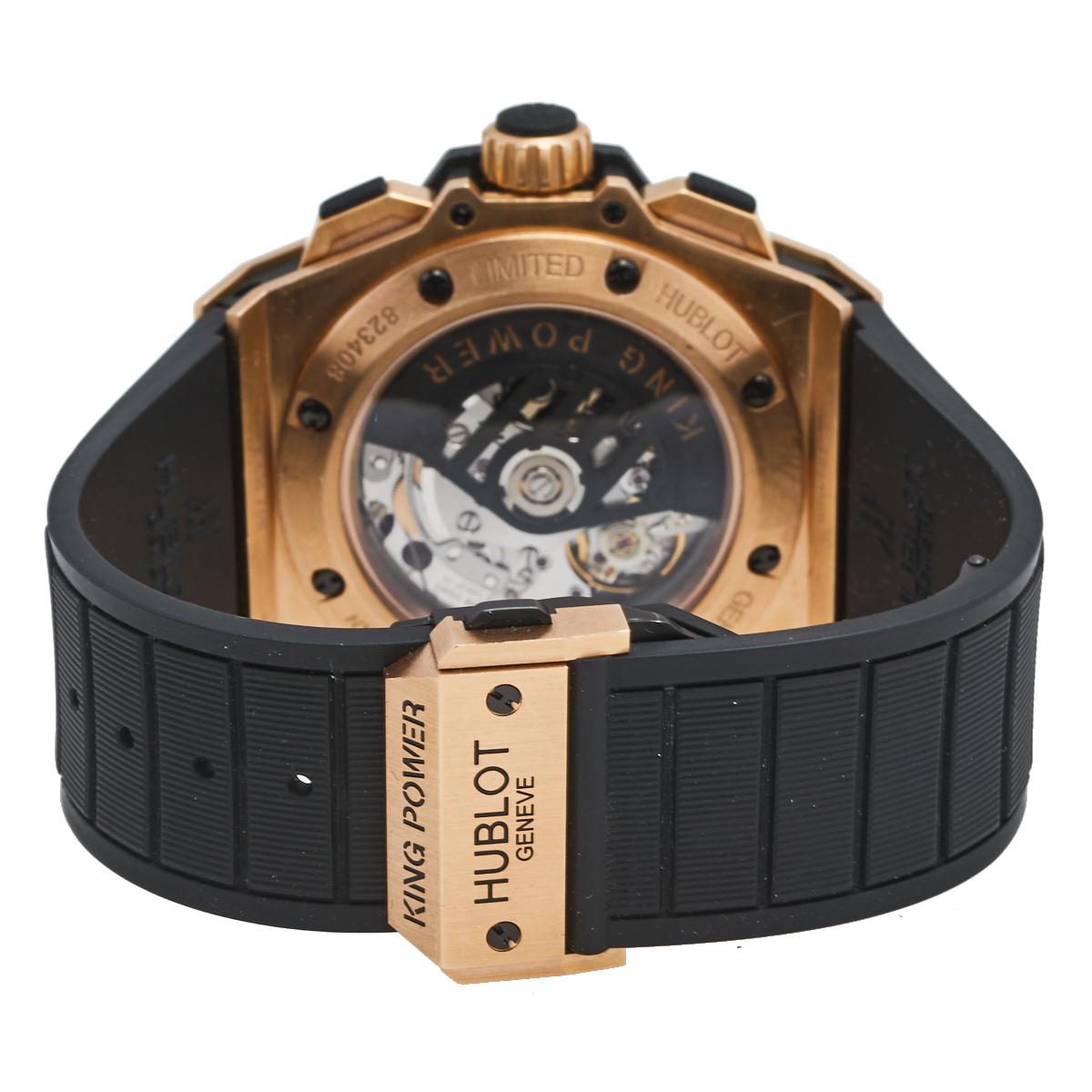 The King Power series of watches is a fascinating extension of Hublot's Big Bang collection. This model is from a limited edition. Using 18k rose gold, Hublot sculpted out the case and fitted it with a black dial that has the brand logo, two
