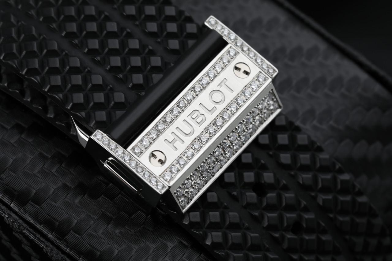 Taille ronde Hublot 301.SB.131.RX Big Bang Montre personnalisée à cadran noir et diamants sur bracelet en caoutchouc en vente