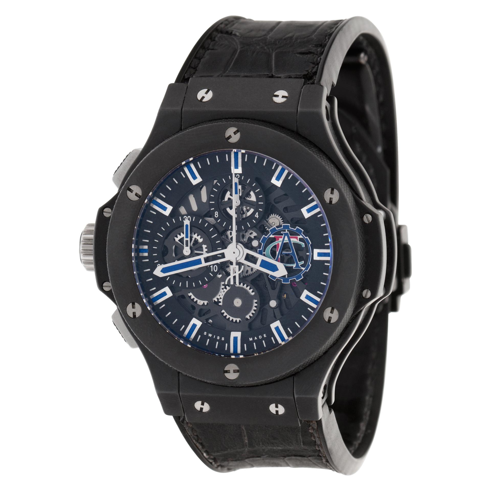 Hublot Aero Bang Drive ACF limited edition in ceramic on a black rubberized alligator band.  Auto w/ chronograph. 44.5 mm case size. Ref 310G.Cl.1170.GR.ACF09. Circa 2010s. Fine Pre-owned Hublot Watch.  Certified preowned Sport Hublot Aero Bang