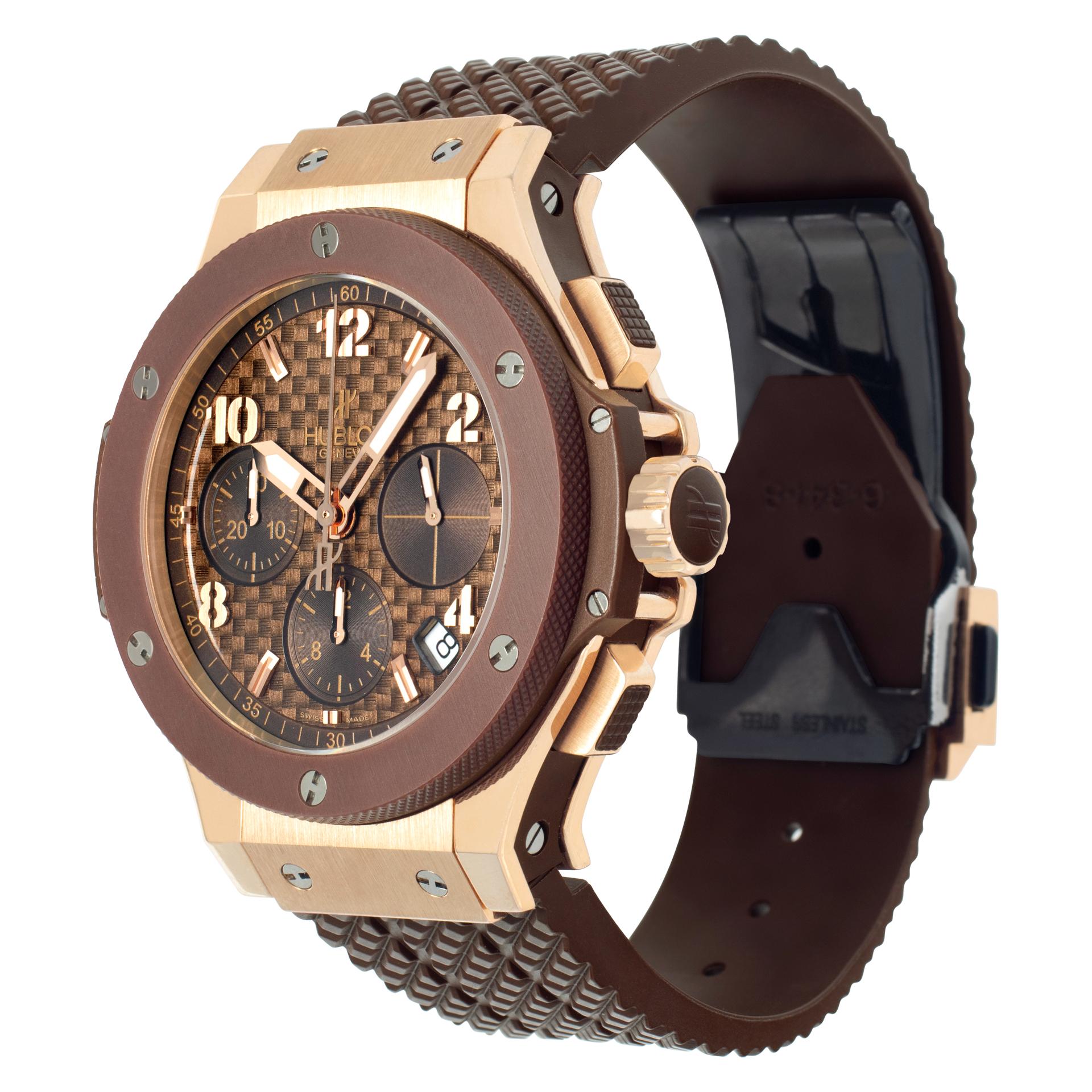 Hublot Big Bang Capuccino in 18k rose gold & ceramic on a rubber strap. Automatic movement under glass w/ subseconds, date and chronograph. 41 mm case size. With box and papers circa 2010s. Ref 341.PC.1007.RX. Fine Pre-owned Hublot Watch. Certified