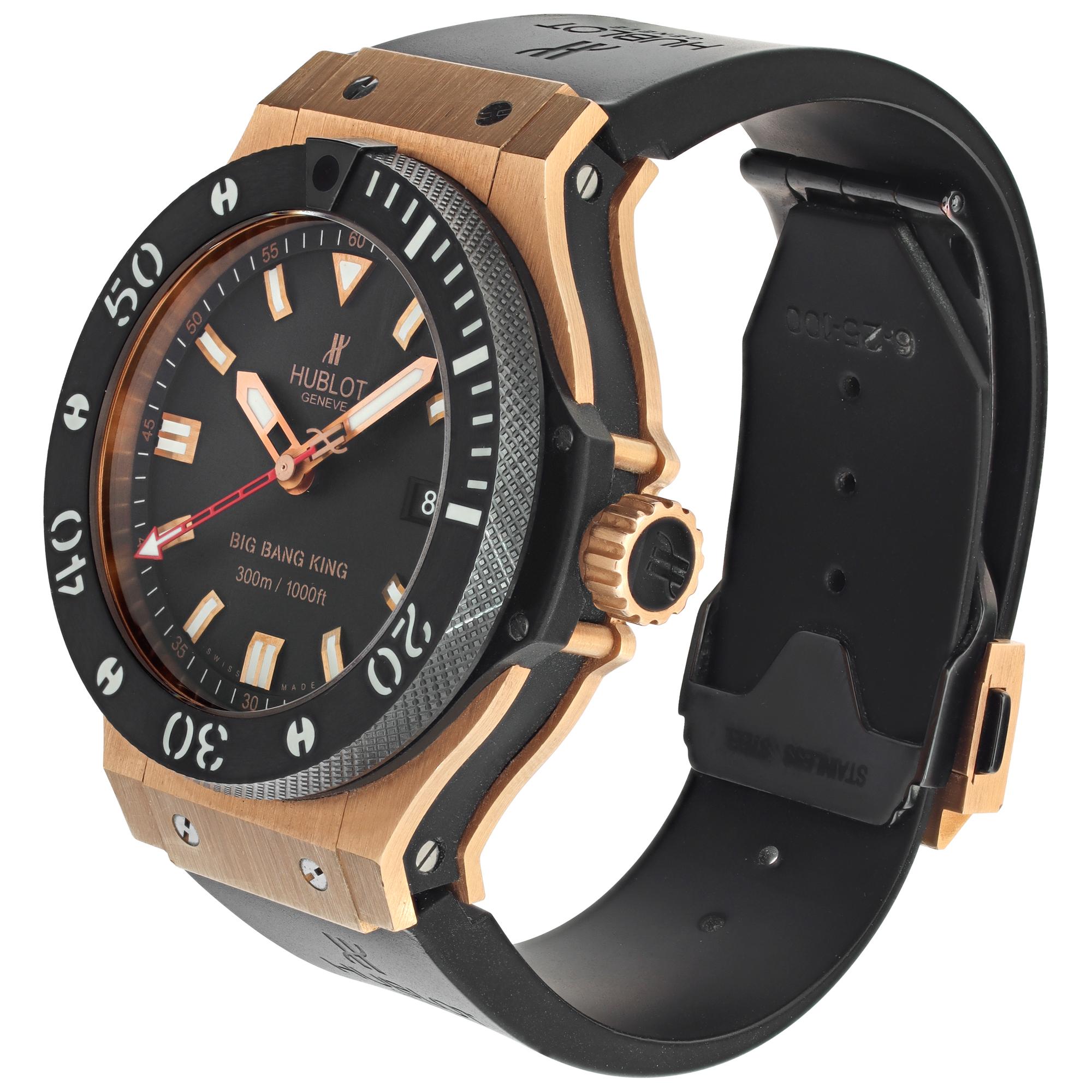 Hublot Big Bang King in 18k rose gold on rubber strap with a Hublot 18k rose gold and ceramic deployant buckle. Auto with sweep seconds. 45 mm case size. With box and blank warranty card. Ref 312 pm 1128 rx. Fine Pre-owned Hublot Watch.

 Certified