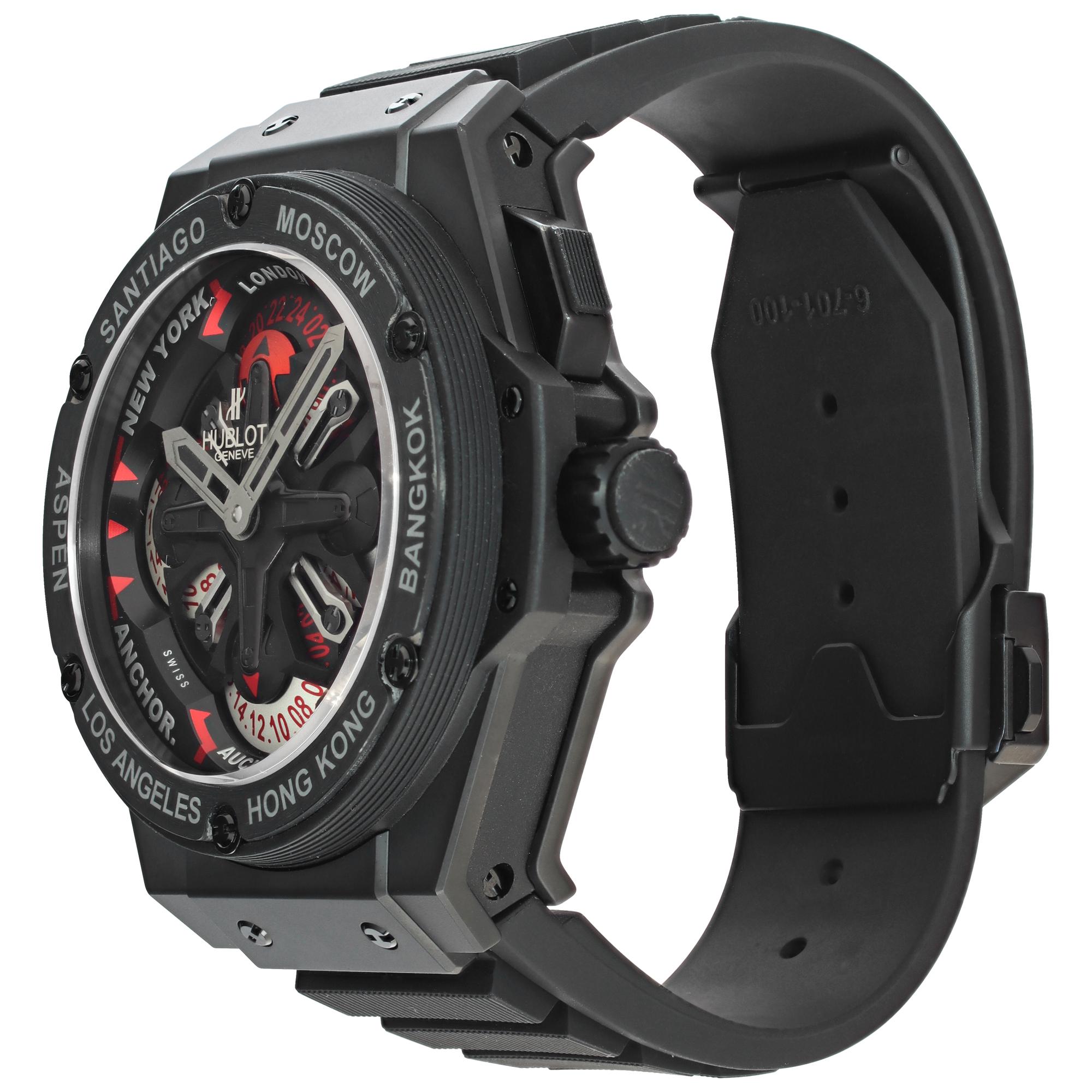 Hublot Big Bang King Power Unico GMT Worldtime Skeleton in black ceramic on a rubber strap with deployant buckle. Automatic movement under glass w/ world time function. With box. Recently factory serviced Dec 2023. 48mm case size. Ref