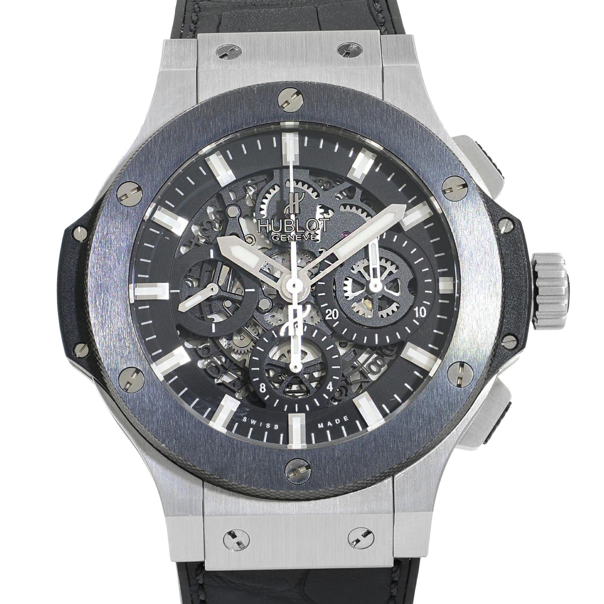 This New Without Tags Hublot Big Bang 311.SM.1170.GR is a beautiful men's timepiece that is powered by an automatic movement which is cased in a stainless steel case. It has a round shape face, chronograph, date, small seconds subdial dial and has