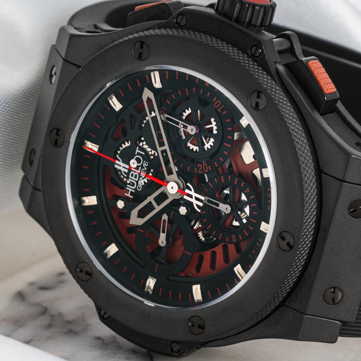 A limited edition Big Bang Aero wristwatch crafted in ceramic by Hublot. Featuring a stunning black red skeleton dial with chronograph counters and a ceramic bezel.

Fitted with a sapphire glass and a self-winding automatic movement, which can be