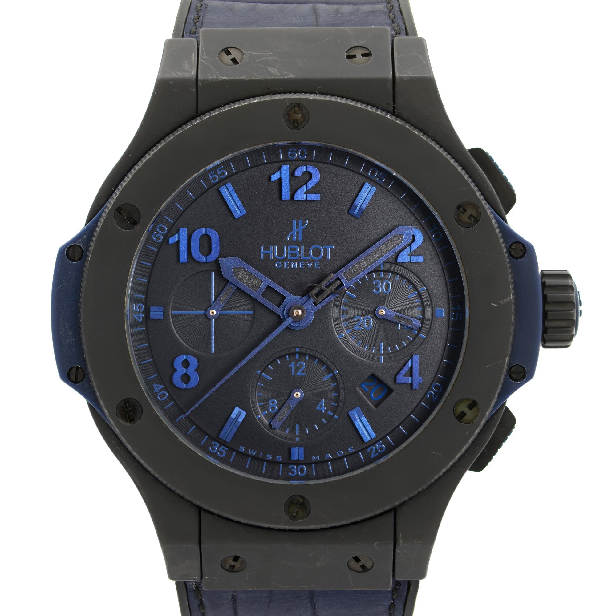 Limited Edition of 375/500. Pre Owned Hublot Big Bang Ceramic Black Dial Limited Edition Blue Hands Men's Watch 301.CI.1190.GR.ABB09. This Beautiful Timepiece is Powered by Mechanical (Automatic) Movement And Features: Round Black Ceramic Case with