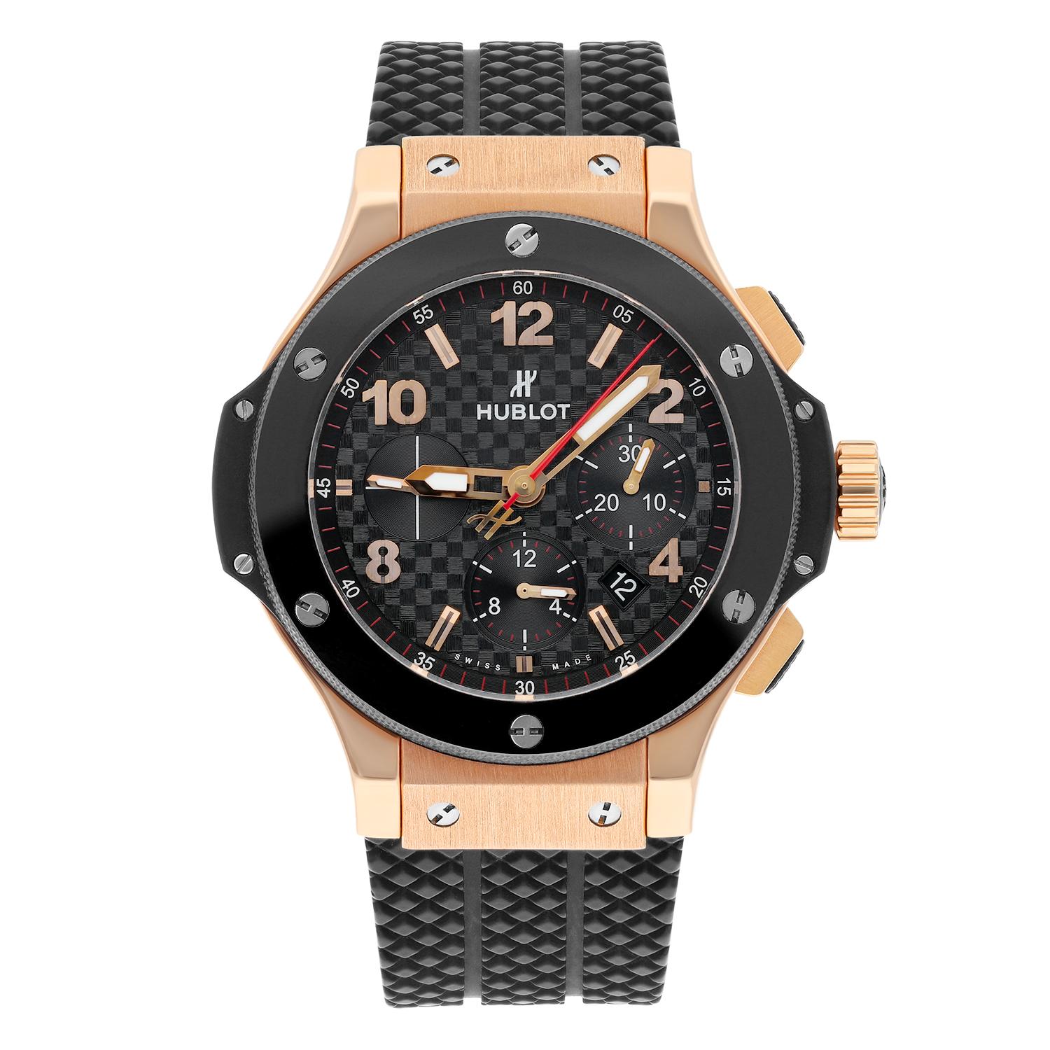 18kt rose gold case with a black rubber strap. Fixed black ceramic bezel. Black carbon fiber dial with luminous hands and alternating Arabic numeral and index hour markers. Minute markers around the outer rim. Dial Type: Analog. Luminescent hands