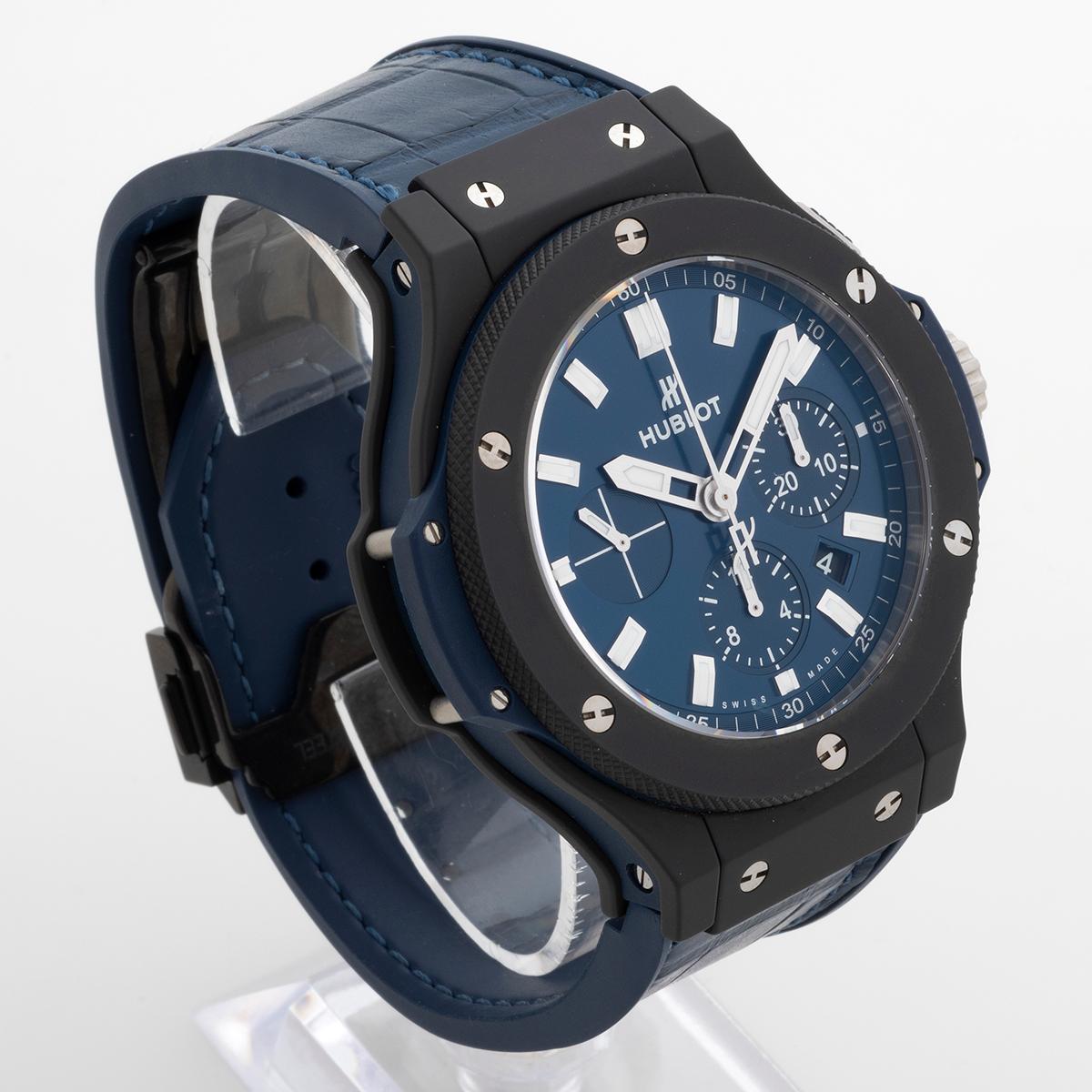 Women's or Men's Hublot Big Bang Blue Chronograph Wristwatch. Ceramic Case/Bezel. Exhibition C/B.