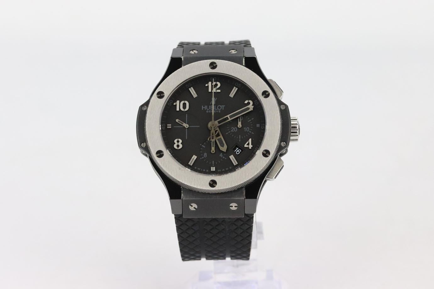 Hublot Big Bang ceramic chronograph black Arabic 44mm wrist watch. This ’Big Bang’ 44mm watch by Hublot has been crafted at the brand's Swiss atelier from ceramic with an intricate automatic movement and has a black dial and finished with a black