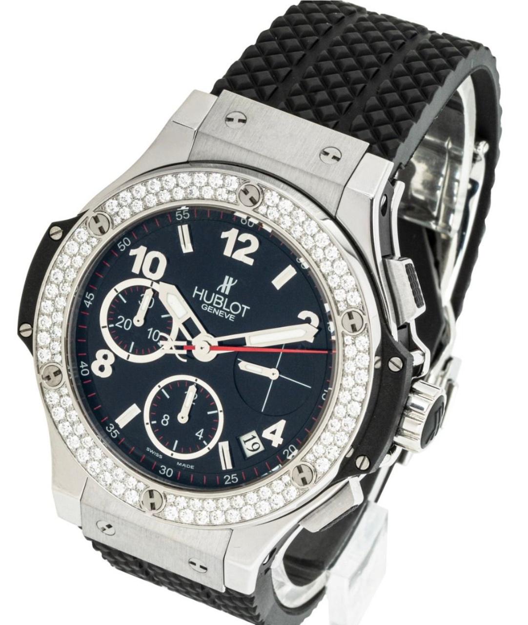 Round Cut Hublot Big Bang Diamond Bezel Black Lacquer Dial Watch