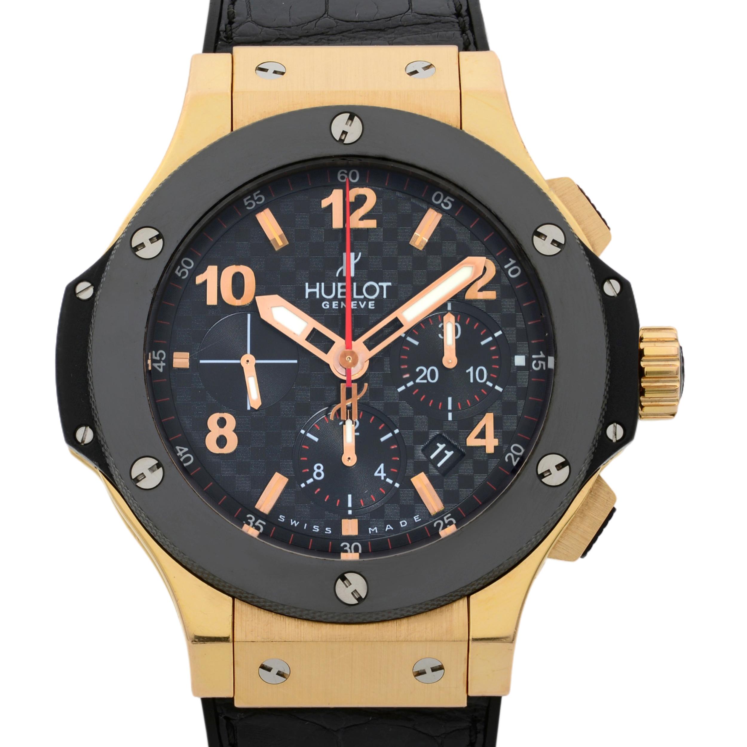 This pre-owned Hublot  301.PB.131.RX is a beautiful men's timepiece that is powered by a mechanical (automatic) movement which is cased in a rose gold case. It has a tonneau shape face, chronograph, date indicator, small seconds subdial dial, and