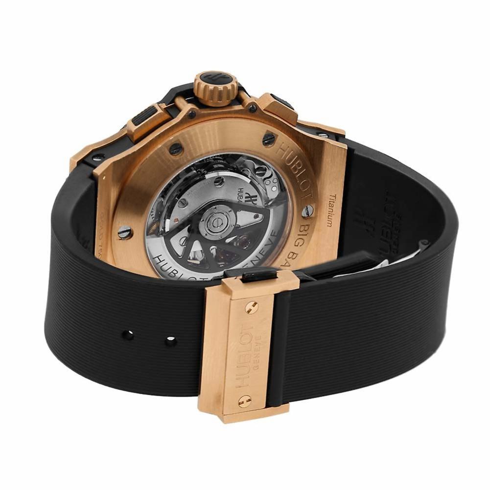 Hublot Big Bang Reference #:301.PM.1780.RX. 18kt rose gold case with a black rubber strap. Fixed black ceramic bezel. Black dial with luminous hands and index hour markers. Minute markers around the outer rim. Dial Type: Analog. Luminescent hands