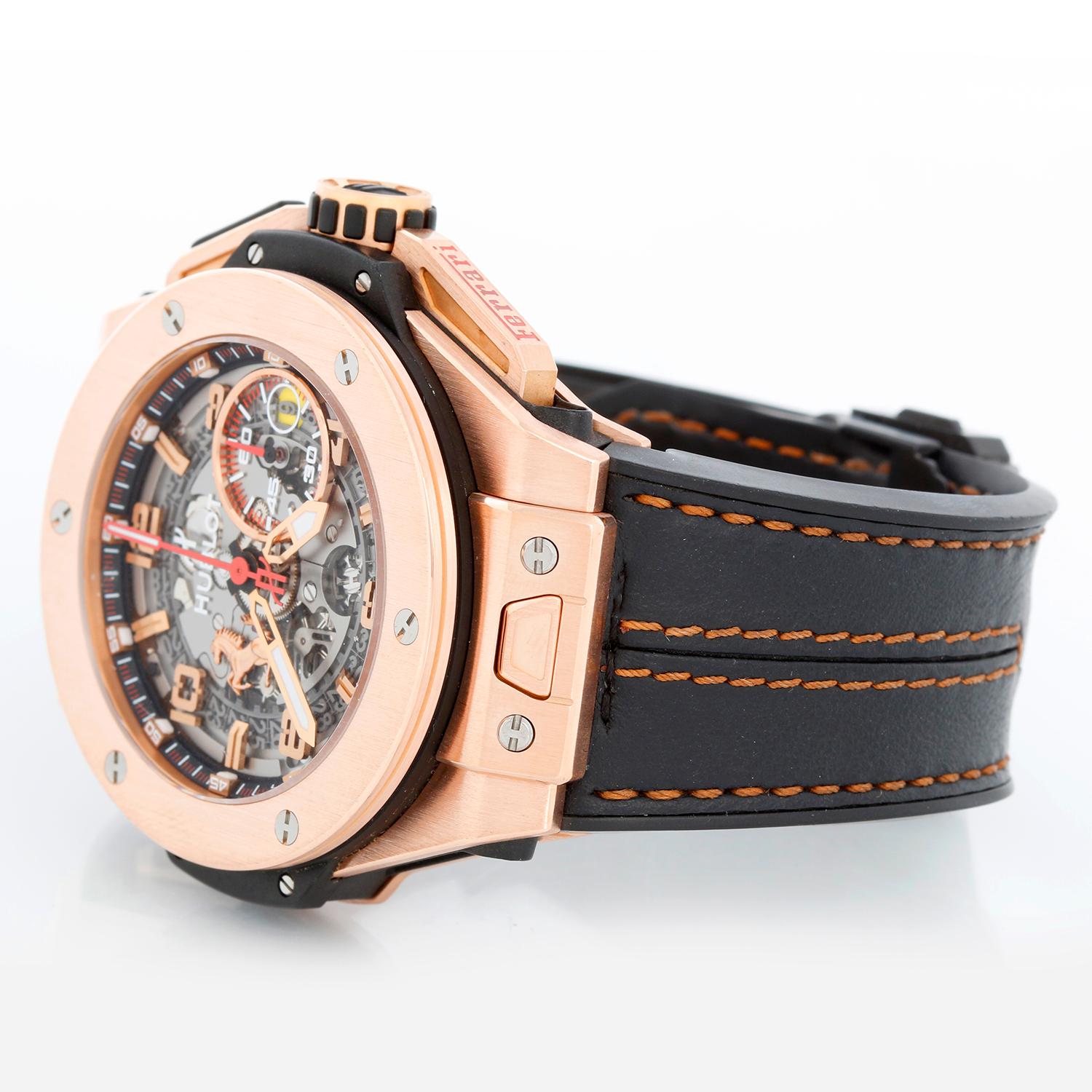 Hublot Big Bang Ferrari 18k Rose Gold Limited Edition Men's 45mm Chronograph Watch 401.OX.0123.VR - Automatic winding chronograph. 18k rose gold case with exposition back  (45mm diameter). Gray and rose gold skeletonized dial; hour, minute, seconds