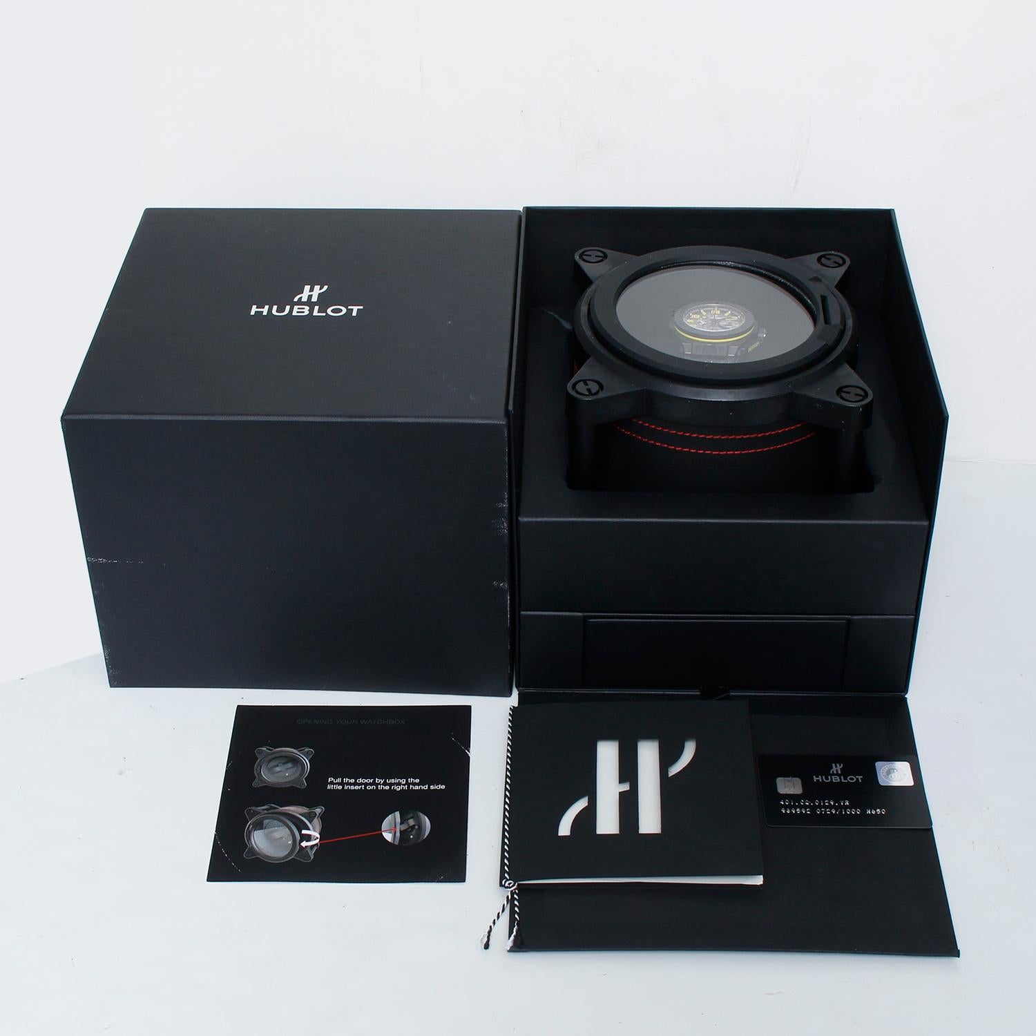 Hublot Big Bang Ferrari Ceramic Carbon Fiber Chronograph Watch 401.CQ.0129.VR - Automatic winding, Caliber UNICO HUB1241, chronograph with date. Ceramic case with black Carbon Fiber bezel and exposition back (45mm diameter). Skeletonized dial with