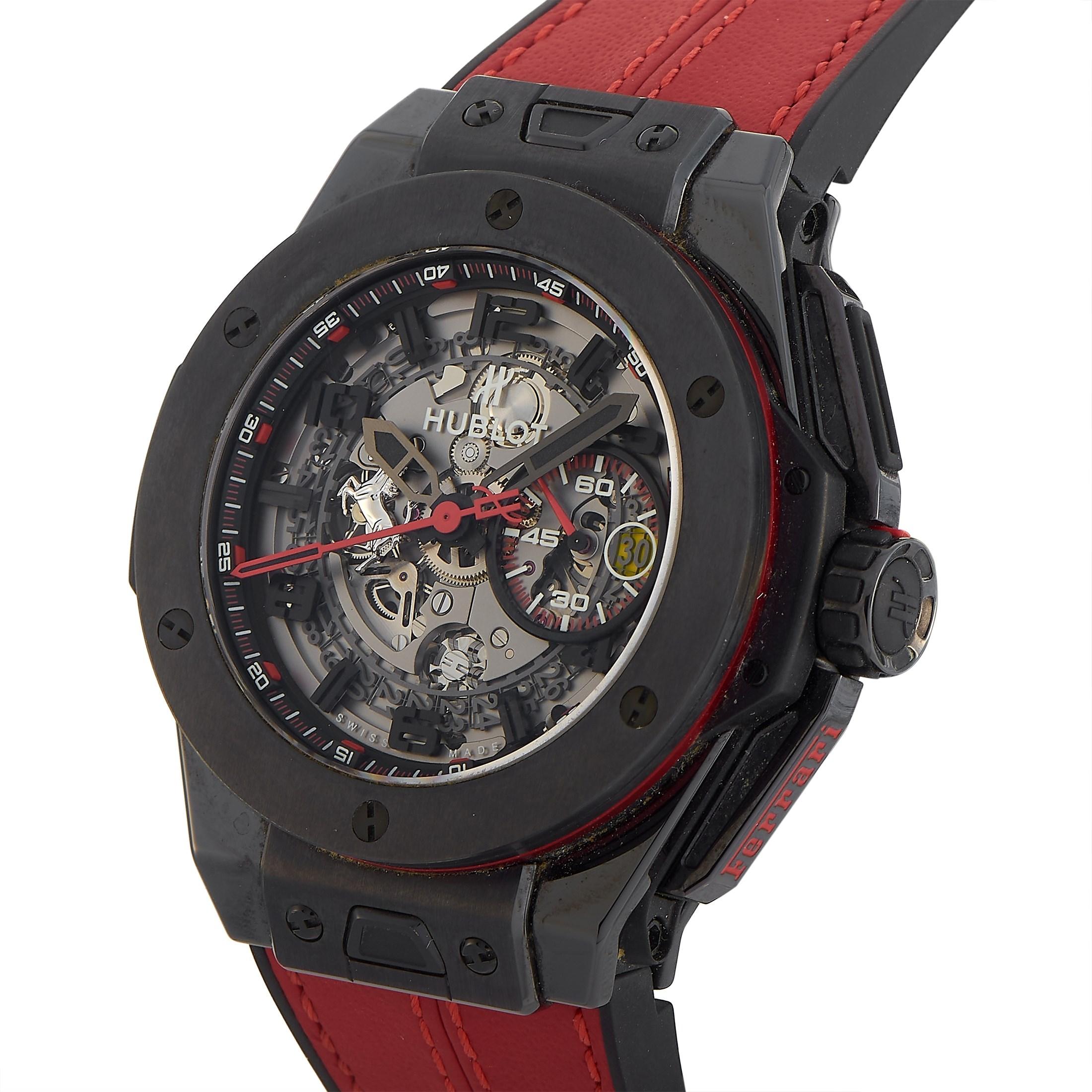 A handsome limited-edition timepiece perfect for daily wear. The Hublot LE Big Bang Ferrari Ceramic Men's Watch  401.CX.0123.VR is available in only a thousand pieces. This watch comes with an all black ceramic case and a beautifully loud red