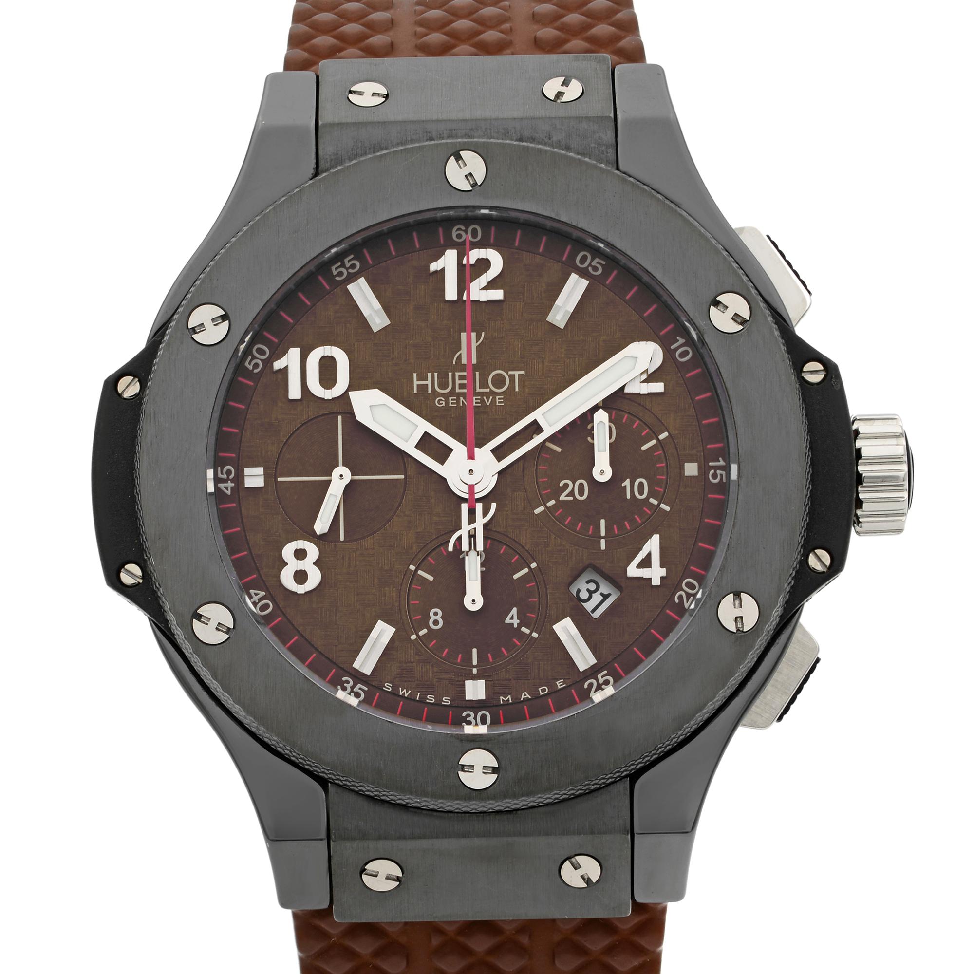 This brand new Hublot Big Bang 301.CB.1001.RX is a beautiful men's timepiece that is powered by mechanical (automatic) movement which is cased in a ceramic case. It has a round shape face, chronograph, date indicator, small seconds subdial dial and