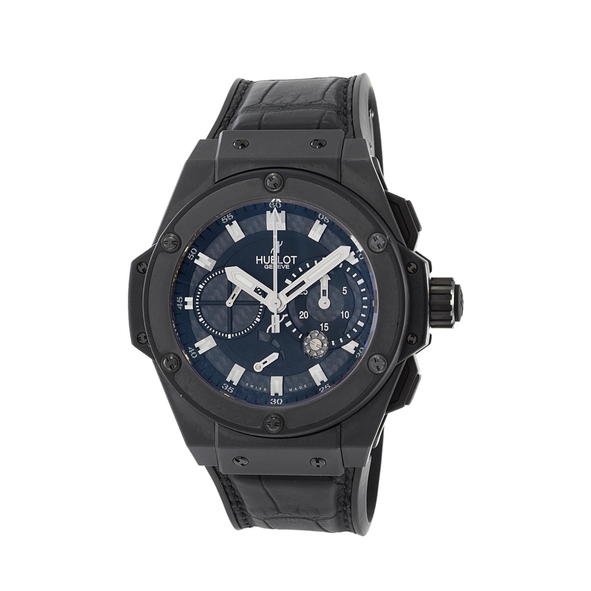 Indulge in sophistication with this Hublot limited edition watch. Crafted with a 48mm black ceramic case, a carbon fiber dial with chronograph functionality, and a high-quality automatic Swiss movement, this exquisite timepiece exudes luxury and