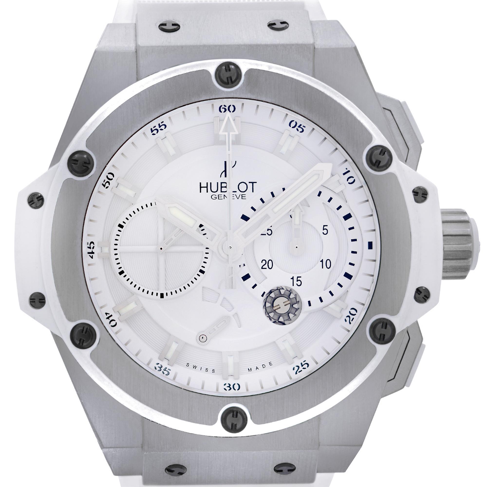 Montre Hublot Big Bang King Power Titane et zirconium cadran blanc automatique pour homme:: d'occasion:: excellente condition. Ce magnifique garde-temps présente les caractéristiques suivantes : Boîtier en titane et zirconium avec bracelet en