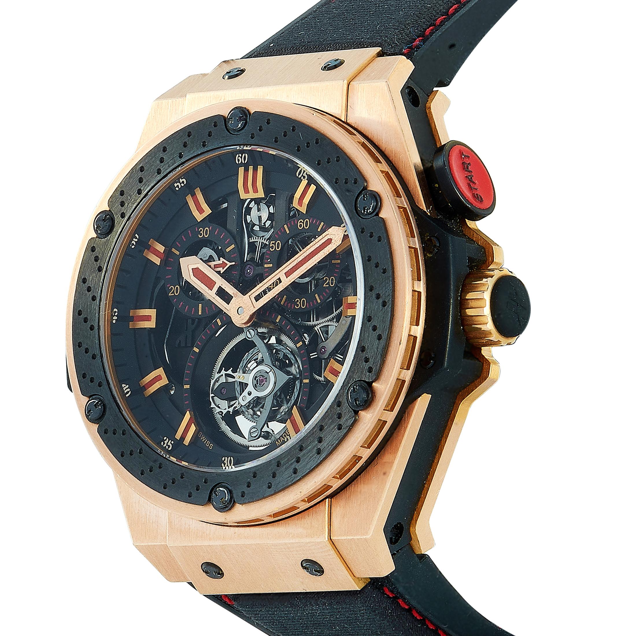 The Hublot Big Bang King Power Tourbillon F1 watch, reference number 707.OM.1138.NR.FMO10, is presented within the superb “Big Bang” collection in an edition limited to only 50 pieces.

This model is equipped with the HUB 7300 hand-wound movement