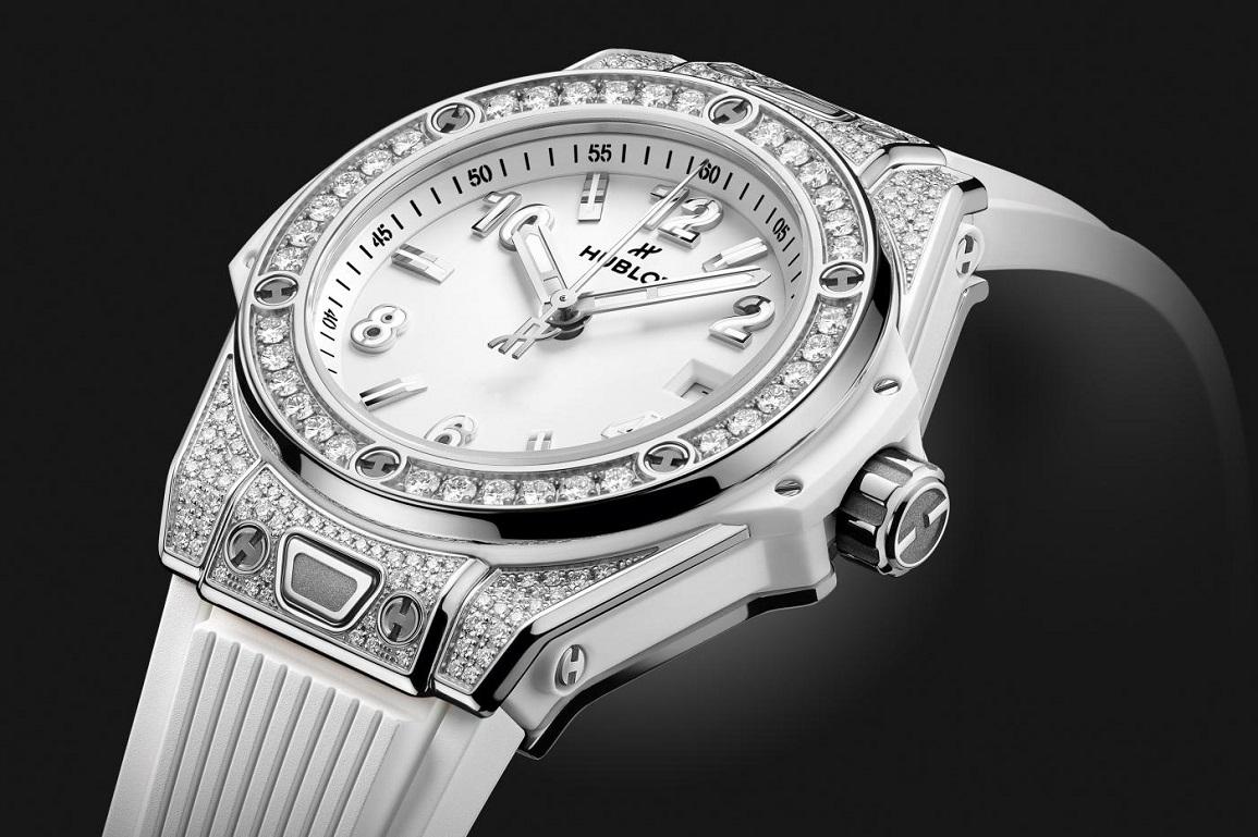 Hublot Big Bang One Click Steel White Pave 33mm Ladies Watch 485.SE.2010.RW.1604 In New Condition For Sale In Wilmington, DE
