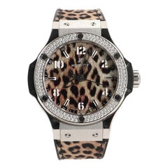 Hublot Big Bang Quarzuhr aus Edelstahl mit Diamantlünette und Leopard Prin