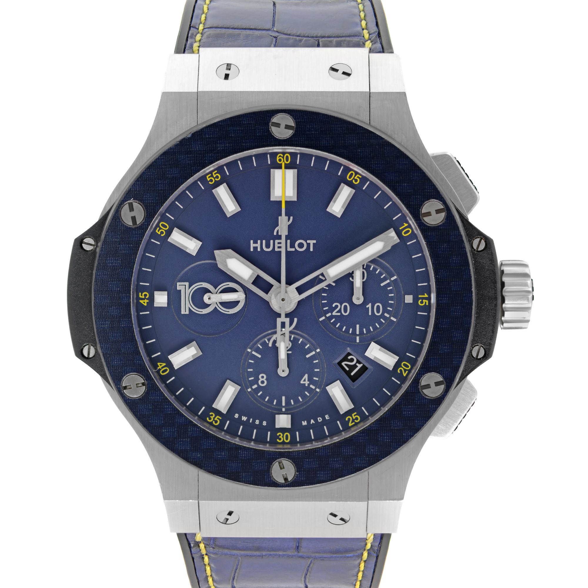 Pre Owned Hublot Big Bang Special Edition Club America Men's Watch 301.SQ.7179.LR.CLA16. This Beautiful Timepiece is Powered by Mechanical (Automatic) Movement And Features: Round Stainless Steel / Titanium Case With a Blue Leather Strap with Rubber