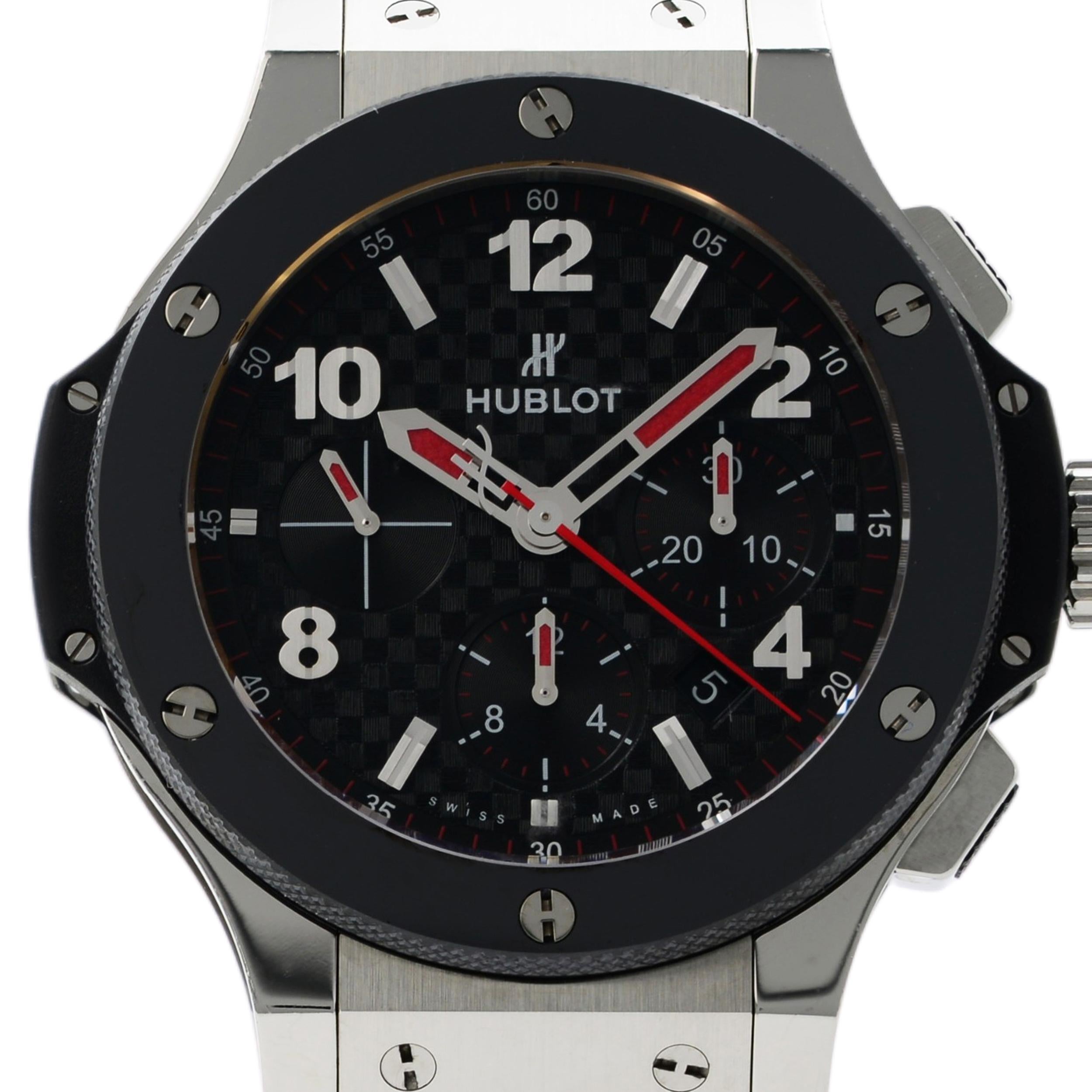 Diese gebrauchte Hublot Big Bang 301.SB.131.LR.TRS15 ist eine schöne Herrenuhr:: die von einem mechanischen (automatischen) Uhrwerk angetrieben wird:: das in einem Gehäuse aus Edelstahl und Titan untergebracht ist. Sie hat ein rundes Zifferblatt::