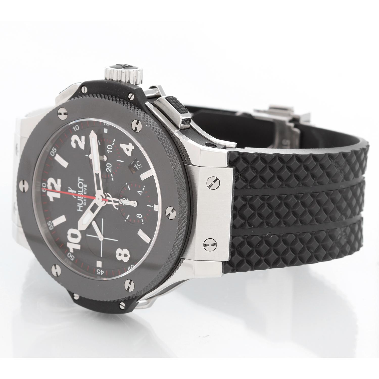 Hublot Big Bang Steel & Ceramic Men's Watch 301.SB.131.RX - Automatic; chronograph. Stainless steel case with polished black ceramic bezel ( 44 mm ) . Black carbon fiber dial. Black Rubber Strap with Hublot deployant. Pre-owned with Hublot box and