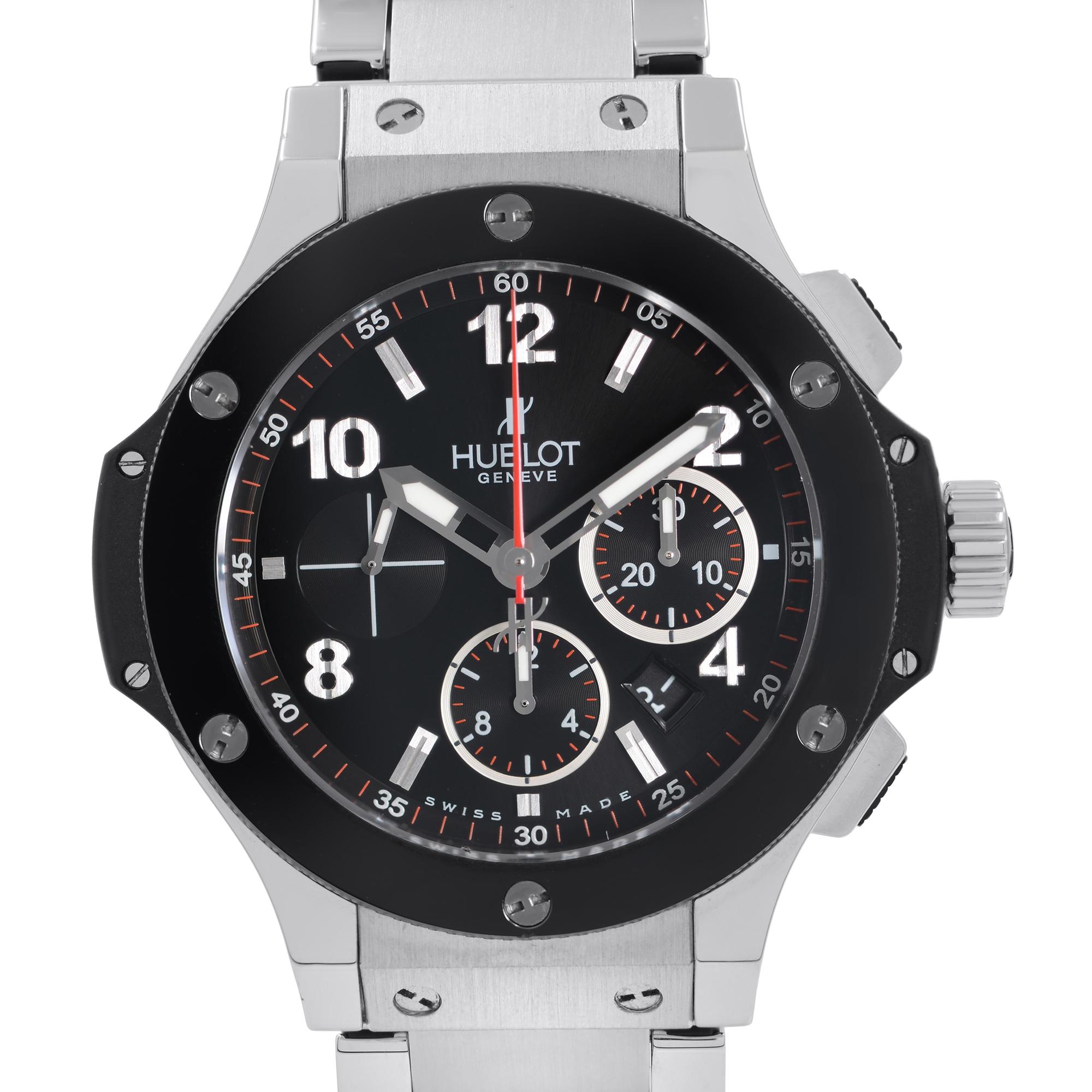 Pre-owned Hublot Big Bang Steel Case Black Chronograph Dial Men's Watch 301.SX.130.SX. This Beautiful Timepiece is Powered by Mechanical (Automatic) Movement And Features: Stainless Steel Case and Bracelet, Fixed Stainless Steel Bezel with 6 Screws,