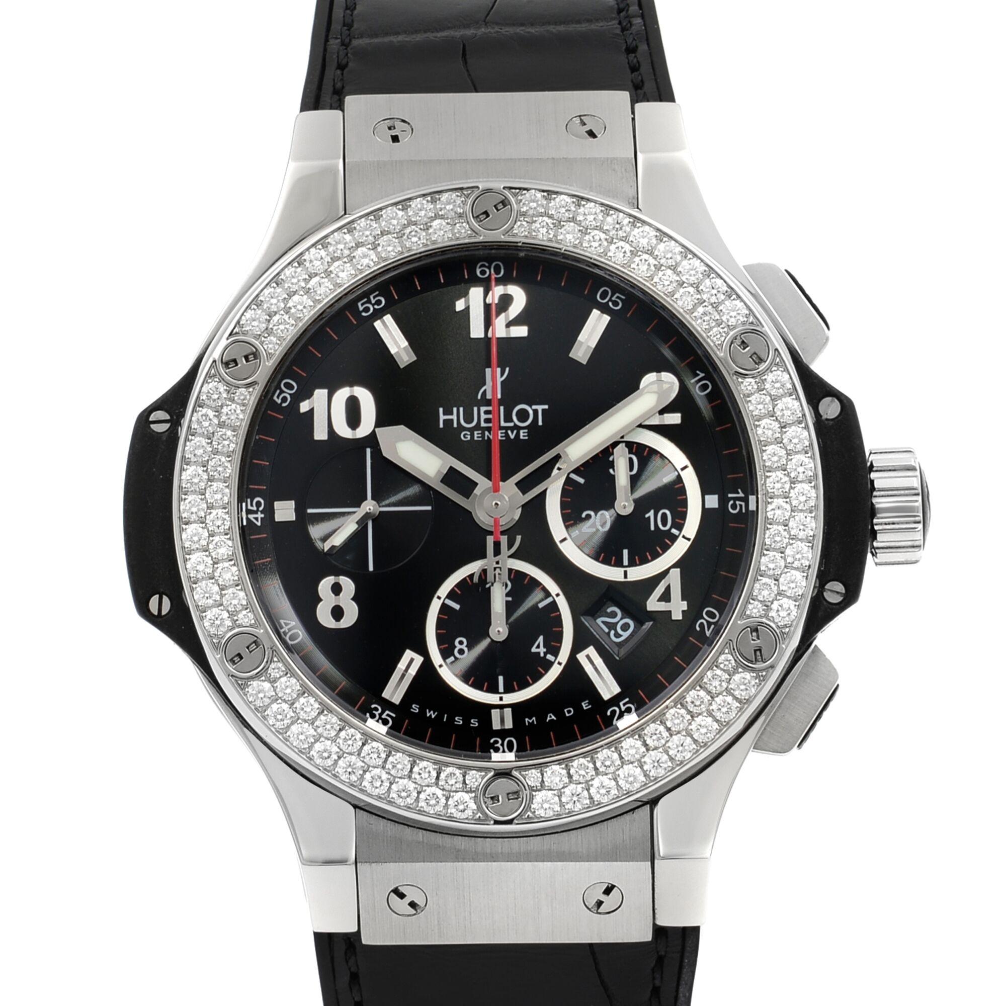 This pre-owned Hublot Big Bang 301.SX.130.RX is a beautiful men's timepiece that is powered by mechanical (automatic) movement which is cased in a stainless steel case. It has a round shape face, chronograph, chronograph hand, date indicator, small