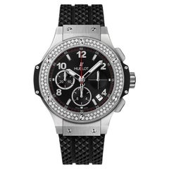 Used Hublot Big Bang Steel Diamonds 41mm Black Dial Leather Watch 341.SX.130.RX.114