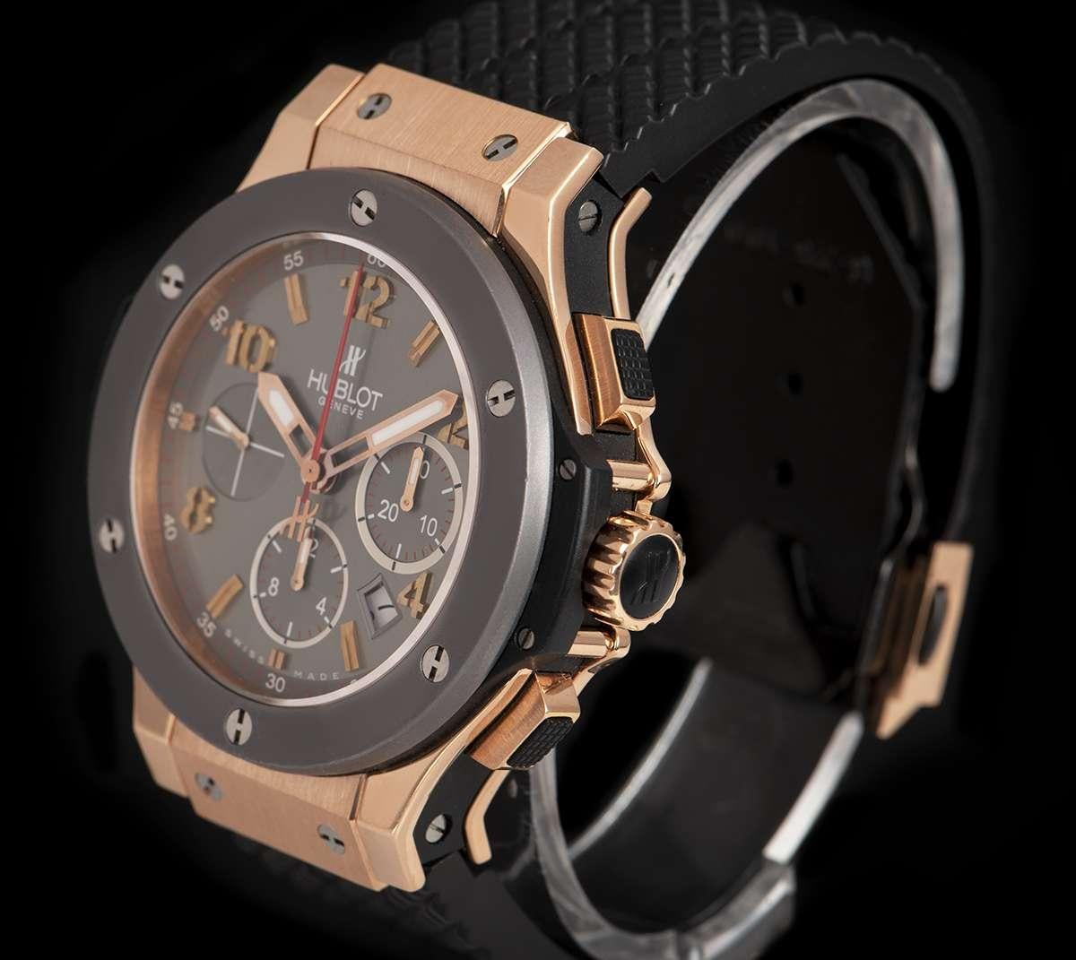 A Tantalum and 18k Rose Gold Big Bang Chronograph Limited Edition Gents Wristwatch, grey dial with applied arabic numbers at 2, 4, 8, 10 and 12 aswell as applied hour markers, 30 minute recorder at 3 0'clock, date between 4 & 5 0'clock, 12 hour