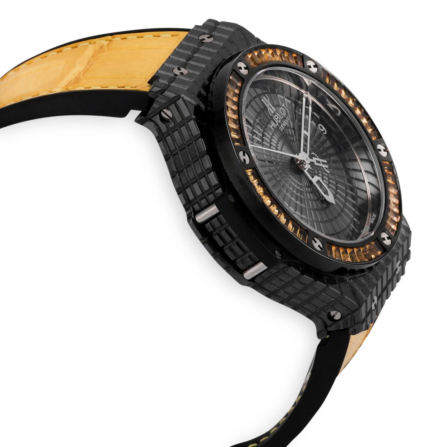 Stainless steel/black ceramic case and baguette citrine gemstone bezel
Self-winding movement Calibre HUB1112
Reference Number: 346.CD.1800.LR.1915
Scratch-resistant sapphire with anti-reflective treatment
Dial:  Polished black ceramic