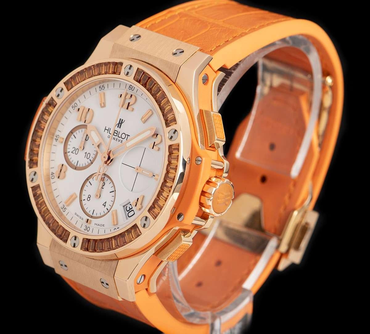 An 18k Rose Gold Big Bang Tutti Frutti Gents Wristwatch, white dial with applied hour markers and applied arabic numbers at 2, 4, 8, 10 and 12, small seconds at 3 0'clock, date between 4 and 5 0'clock, 12 hour recorder at 6 0'clock, 30 minute